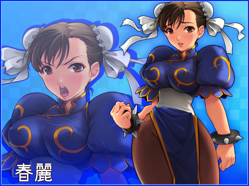 yoko juusuke, chun-li, capcom, street fighter, bad id, bad pixiv id, 1girl, angry, blush, bracelet, breasts, brown eyes, brown hair, china dress, chinese clothes, double bun, dress, earrings, female focus, hair bun, jewelry, large breasts, pantyhose, pelvic curtain, solo, spiked bracelet, spikes, zoom layer
