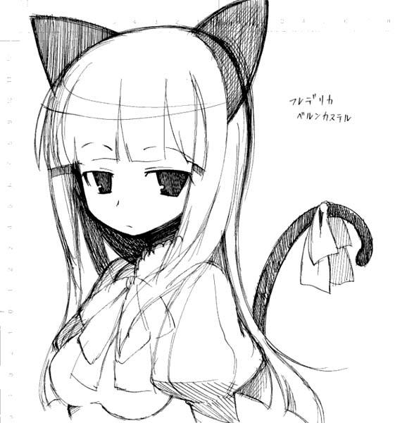 frederica bernkastel, umineko no naku koro ni, nib pen (medium), pen (medium), traditional media, 00s, 1girl, animal ears, cat ears, cat tail, character name, female focus, greyscale, monochrome, solo, tail