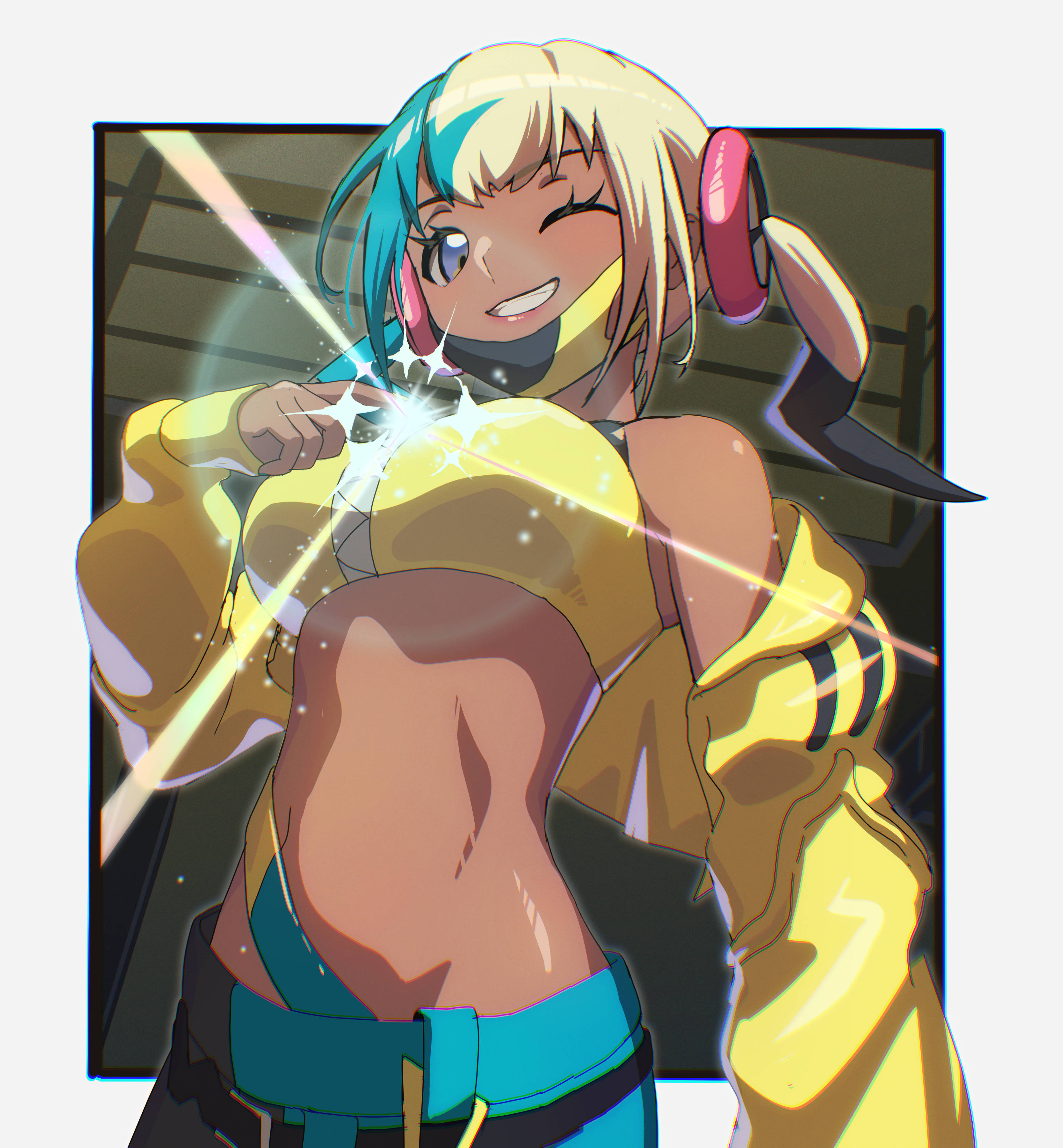 yanagino (yanagino3), canari (pokemon), nintendo, pokemon, pokemon legends: z-a, absurdres, highres, 1girl, aqua hair, blonde hair, blue eyes, border, breasts, character hair ornament, crop top, dark-skinned female, dark skin, grin, hair ornament, jacket, large breasts, mask, mask pull, mouth mask, multicolored hair, navel, off shoulder, pants, smile, solo, split-color hair, stomach, twintails, two-tone hair, white border, yellow jacket