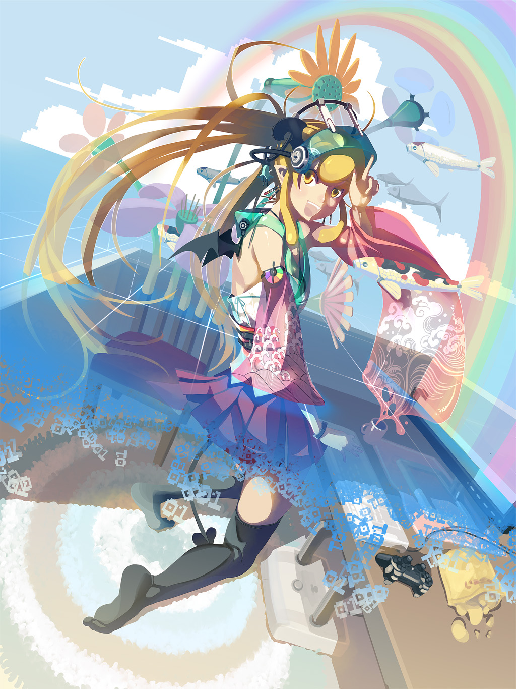vofan, visor, highres, 1girl, black thighhighs, blonde hair, brown hair, clothes lift, controller, day, demon girl, detached sleeves, earrings, fang, female focus, fish, flower, from behind, game console, game controller, horns, jewelry, kneeling, laughing, long hair, looking back, miniskirt, multicolored hair, pixelation, playstation 2, pleated skirt, psychedelic, rainbow, skirt, skirt lift, sky, smile, solo, tail, thighhighs, two-tone hair, very long hair, wings, yellow eyes, zettai ryouiki