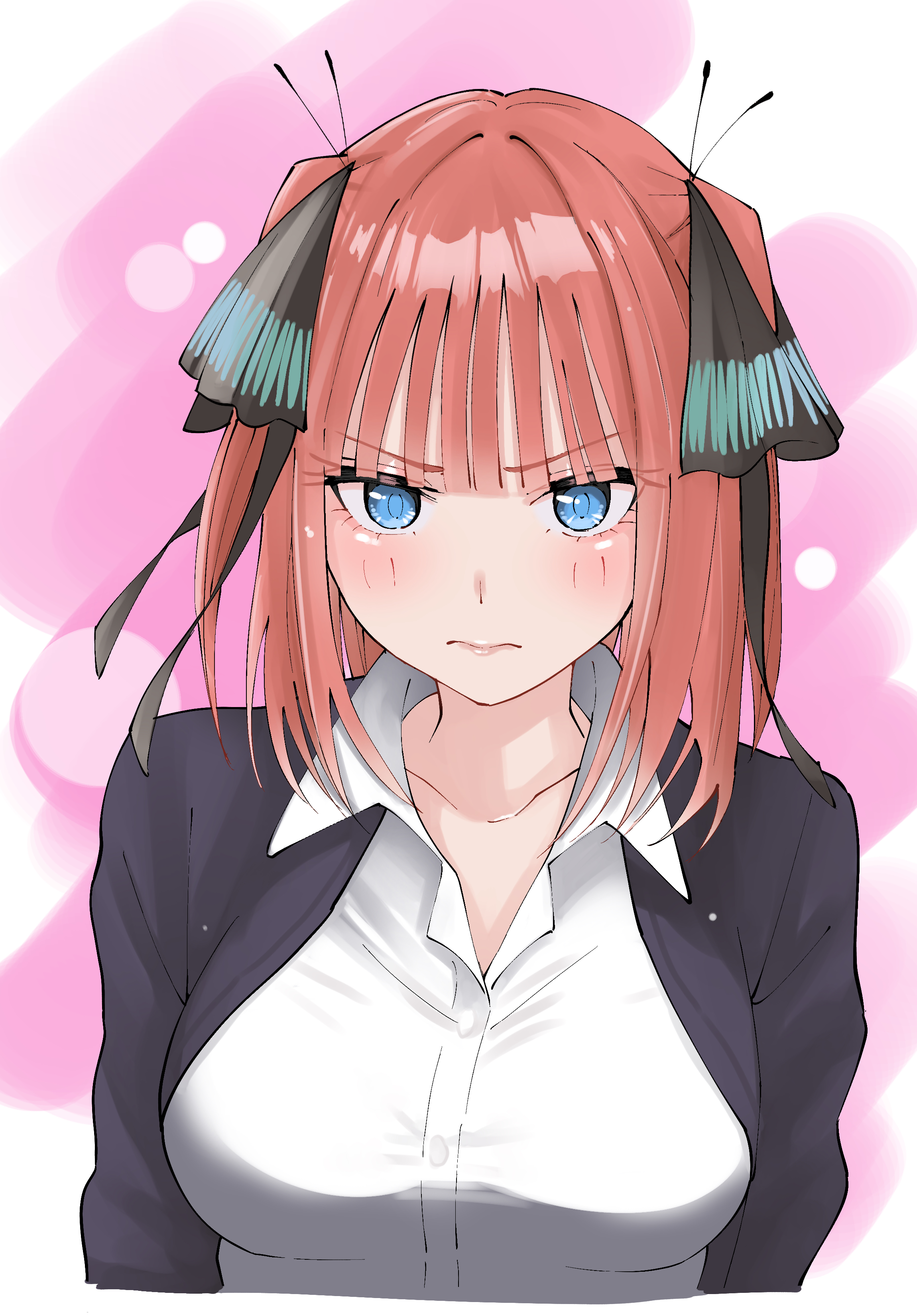 ldeeeeeeeeeejo, nakano nino, go-toubun no hanayome, absurdres, highres, 1girl, black cardigan, black ribbon, blue eyes, blunt bangs, blush, breasts, butterfly hair ornament, cardigan, closed mouth, collarbone, collared shirt, hair ornament, hair ribbon, looking at viewer, open cardigan, open clothes, pink hair, pout, purple background, ribbon, shirt, short hair, solo, two side up, white shirt