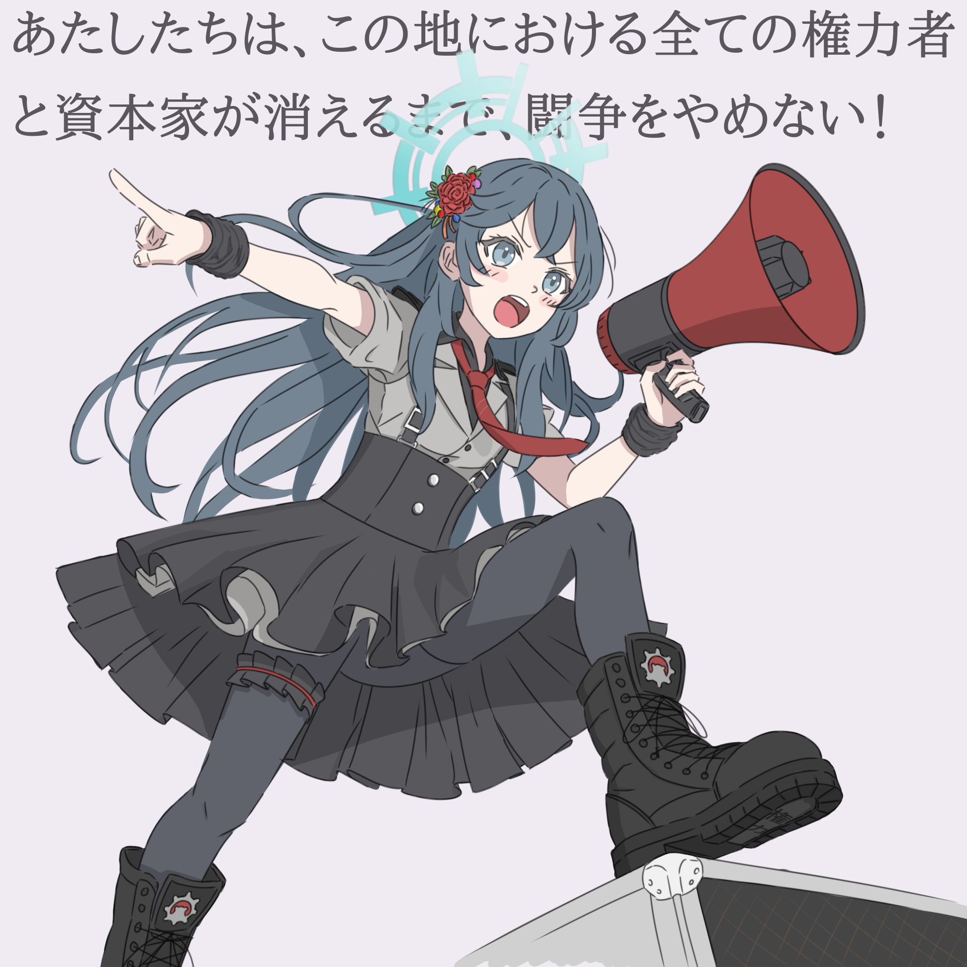 ossa 2019, minori (blue archive), blue archive, highres, translation request, 1girl, amplifier, black boots, black hair, black pantyhose, black skirt, blue eyes, blush, boots, captain morgan pose, collared shirt, combat boots, foot out of frame, grey background, grey shirt, halo, high-waist skirt, holding, holding megaphone, idol clothes, lace-up boots, long hair, looking ahead, megaphone, neckerchief, open mouth, pantyhose, pointing, pointing to the side, purple background, red neckerchief, shirt, short sleeves, shouting, simple background, skirt, solo, suspender skirt, suspenders, v-shaped eyebrows, wrist cuffs