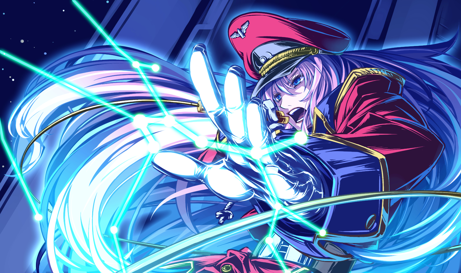 sasa ichi, sheryl nome, macross, macross frontier, 00s, 1girl, aqua eyes, female focus, foreshortening, gloves, glowing, hat, idol, long hair, microphone, military, military uniform, music, neon lights, peaked cap, pink hair, sagittarius (constellation), singing, solo