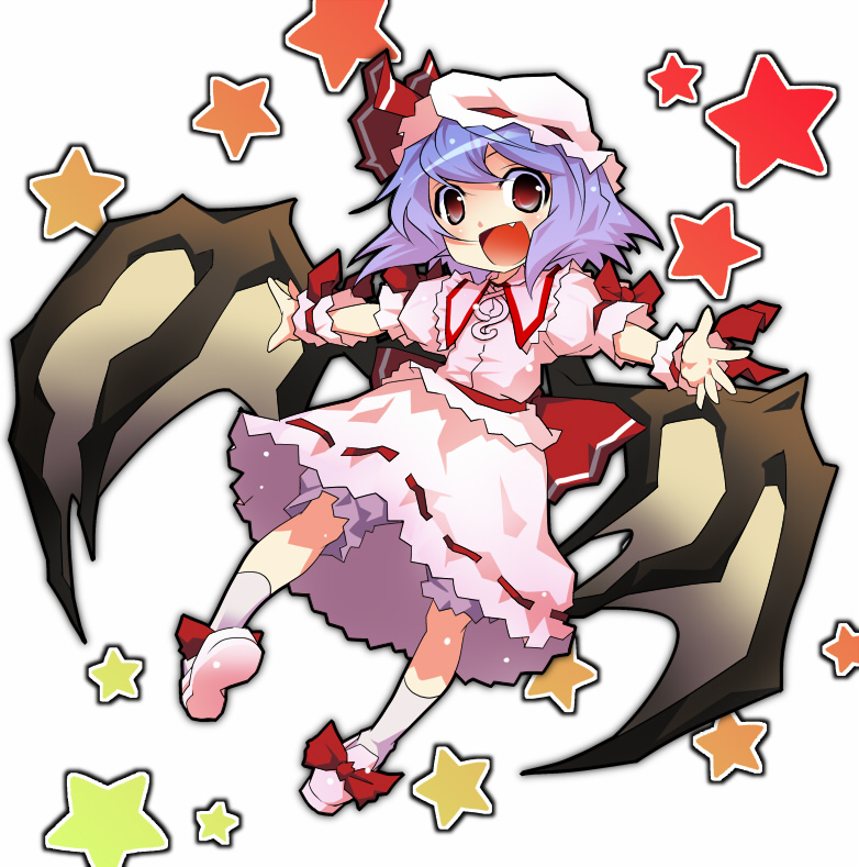 hermmy, remilia scarlet, touhou, 1girl, dress, fang, female focus, full body, happy, hat, purple hair, short hair, solo, white background, wings