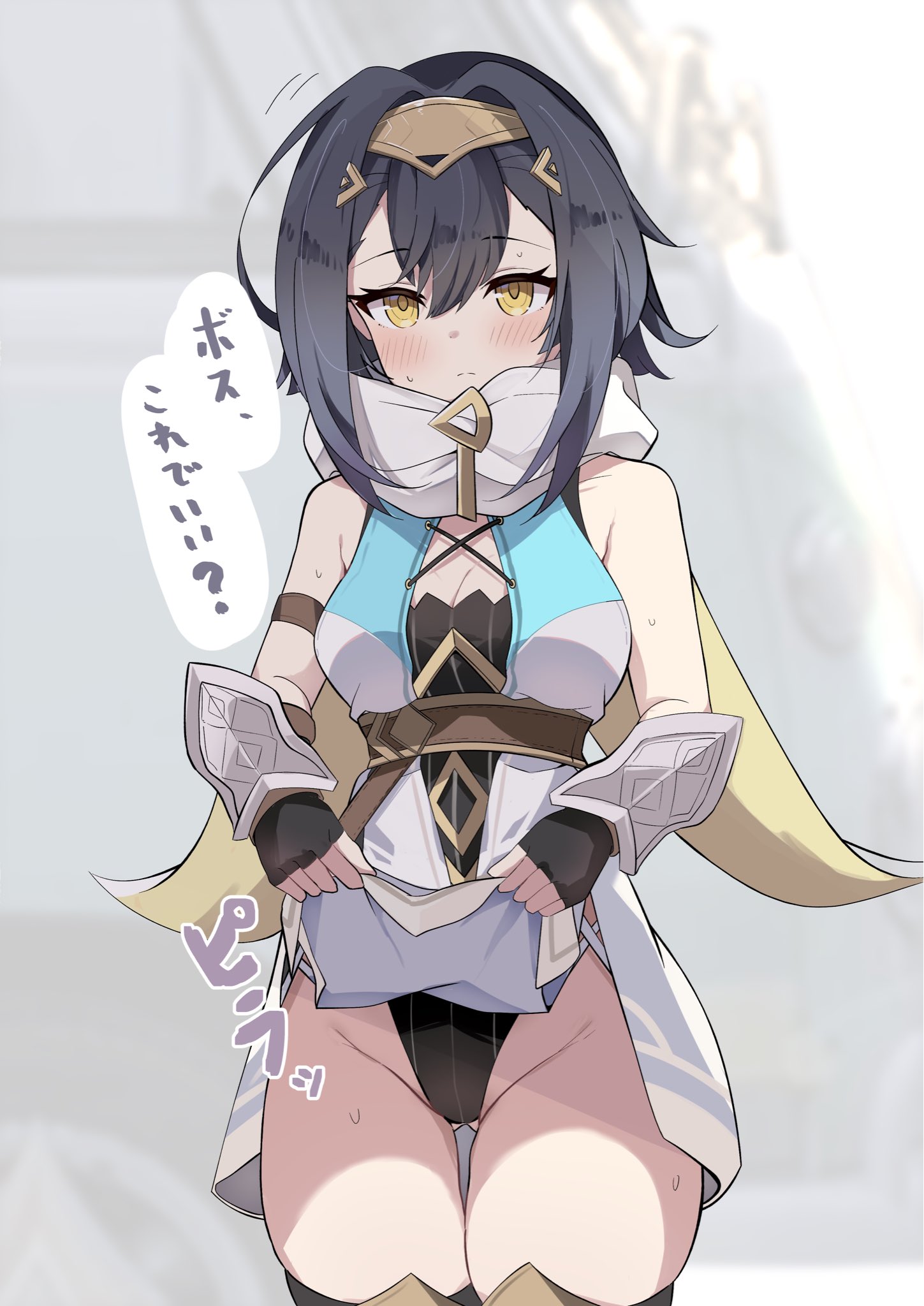 stella sora, highres, 1girl, black hair, black leotard, breasts, cleavage, kohaku (stella sora), leotard