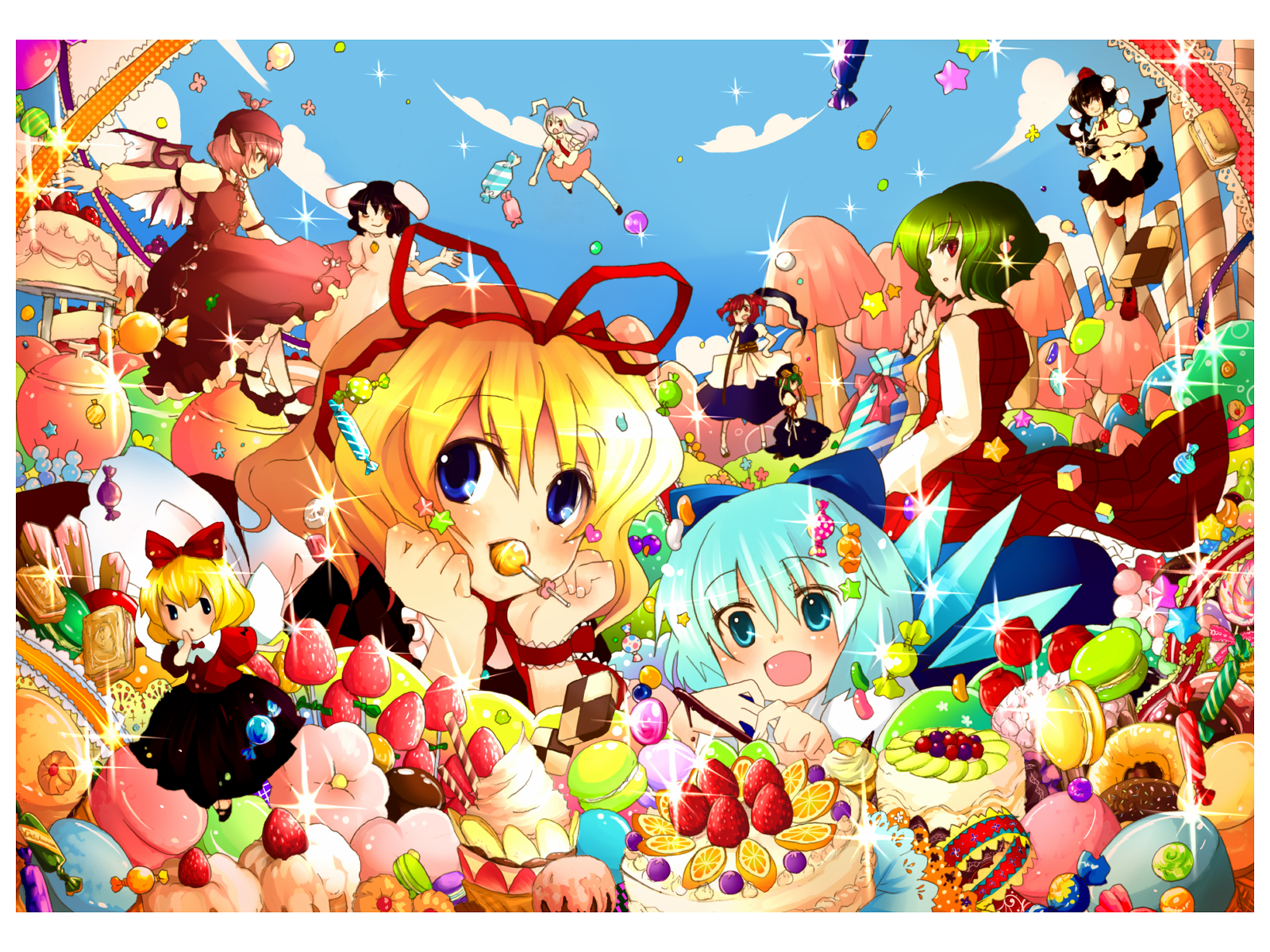 hanada hyou, cirno, inaba tewi, kazami yuuka, medicine melancholy, mystia lorelei, onozuka komachi, reisen udongein inaba, shameimaru aya, shiki eiki, su-san, touhou, bad id, bad pixiv id, highres, 6+girls, ascot, cake, candy, checkerboard cookie, colorful, cookie, everyone, fairy wings, feast, food, food-themed clothes, fruit, hat, kinoko no yama, lollipop, macaron, mouth hold, multiple girls, orange (fruit), orange slice, pastry, plaid clothes, plaid skirt, plaid vest, scythe, skirt, skirt set, sky, sparkle, strawberry, vest, wings