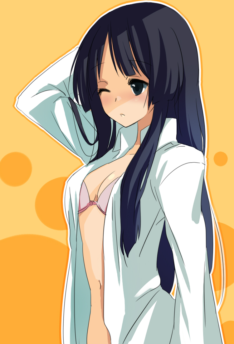hinnu@ao, akiyama mio, k-on!, 00s, 1girl, black eyes, black hair, blush, bra, breasts, cleavage, dress shirt, female focus, lingerie, long hair, no panties, open clothes, open shirt, pink bra, shirt, sleepy, solo, underwear