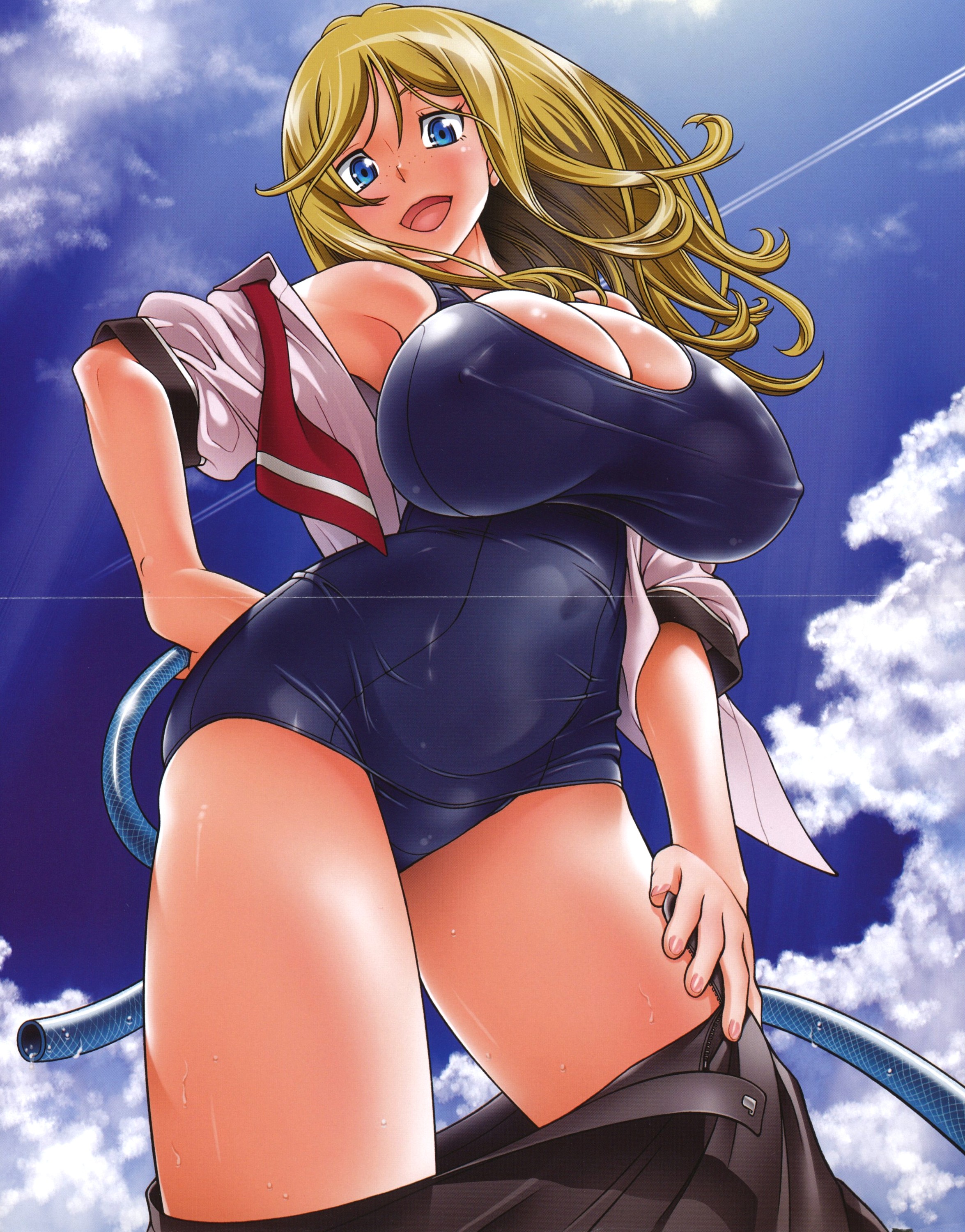 fukudahda, eleanor mercer, honey blonde, absurdres, highres, non-web source, scan, 1girl, bikini, blonde hair, blue eyes, blush, breasts, clothes pull, comic, covered erect nipples, eromanga, female focus, freckles, hose, huge breasts, long hair, one-piece swimsuit, open clothes, open mouth, open shirt, school swimsuit, school uniform, shirt, skirt, skirt pull, smile, solo, swimsuit, swimsuit under clothes