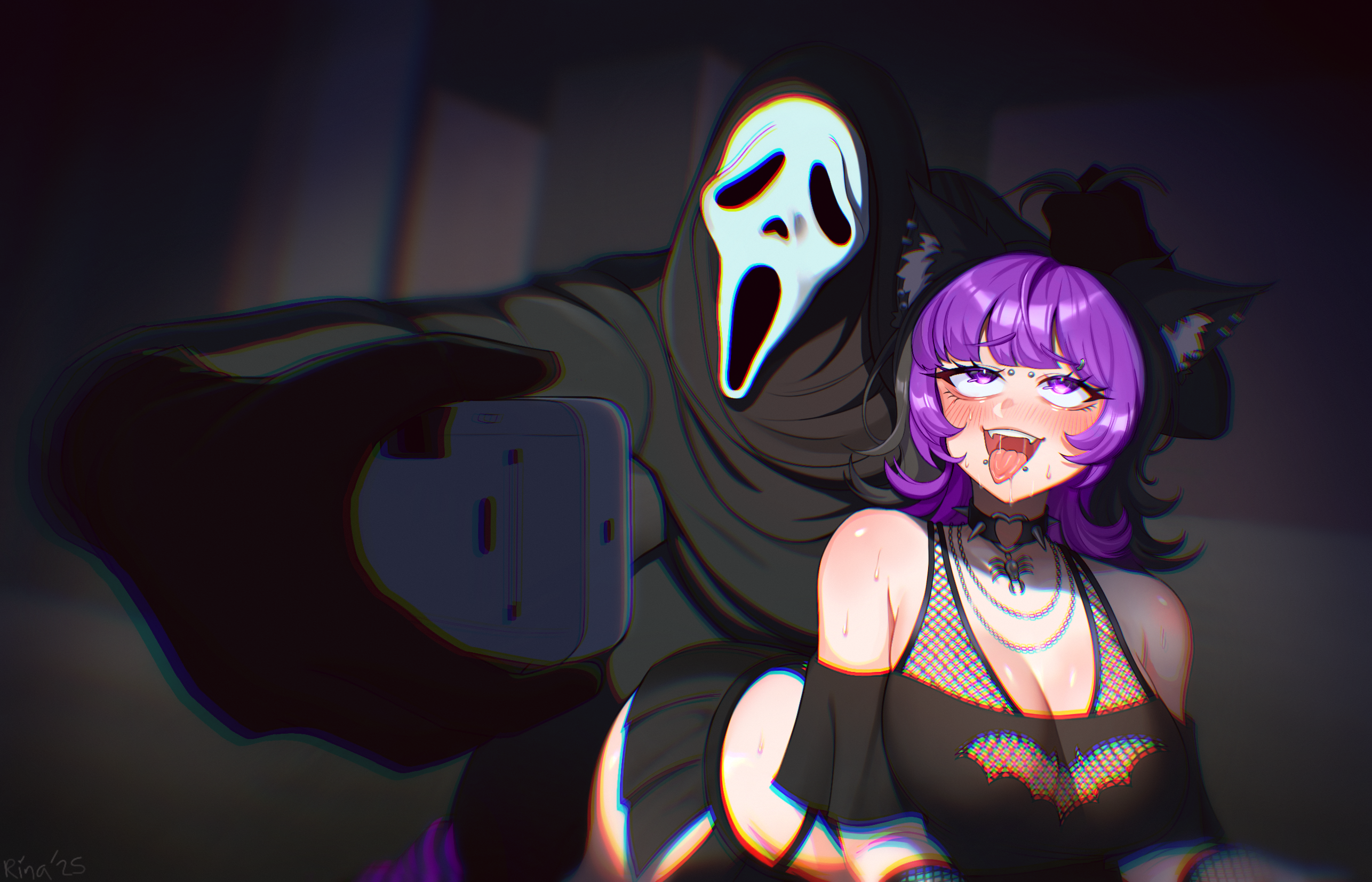 rina megakuma, ghostface, scream (movie), highres, 1boy, 1girl, ahegao, animal ears, black hair, blush, breasts, camera, cat ears, choker, fishnets, grabbing another's hair, holding another's hair, jewelry, large breasts, mask, multicolored hair, necklace, phone, piercing, purple eyes, purple hair, short hair, skirt, straight bangs, tongue, tongue out