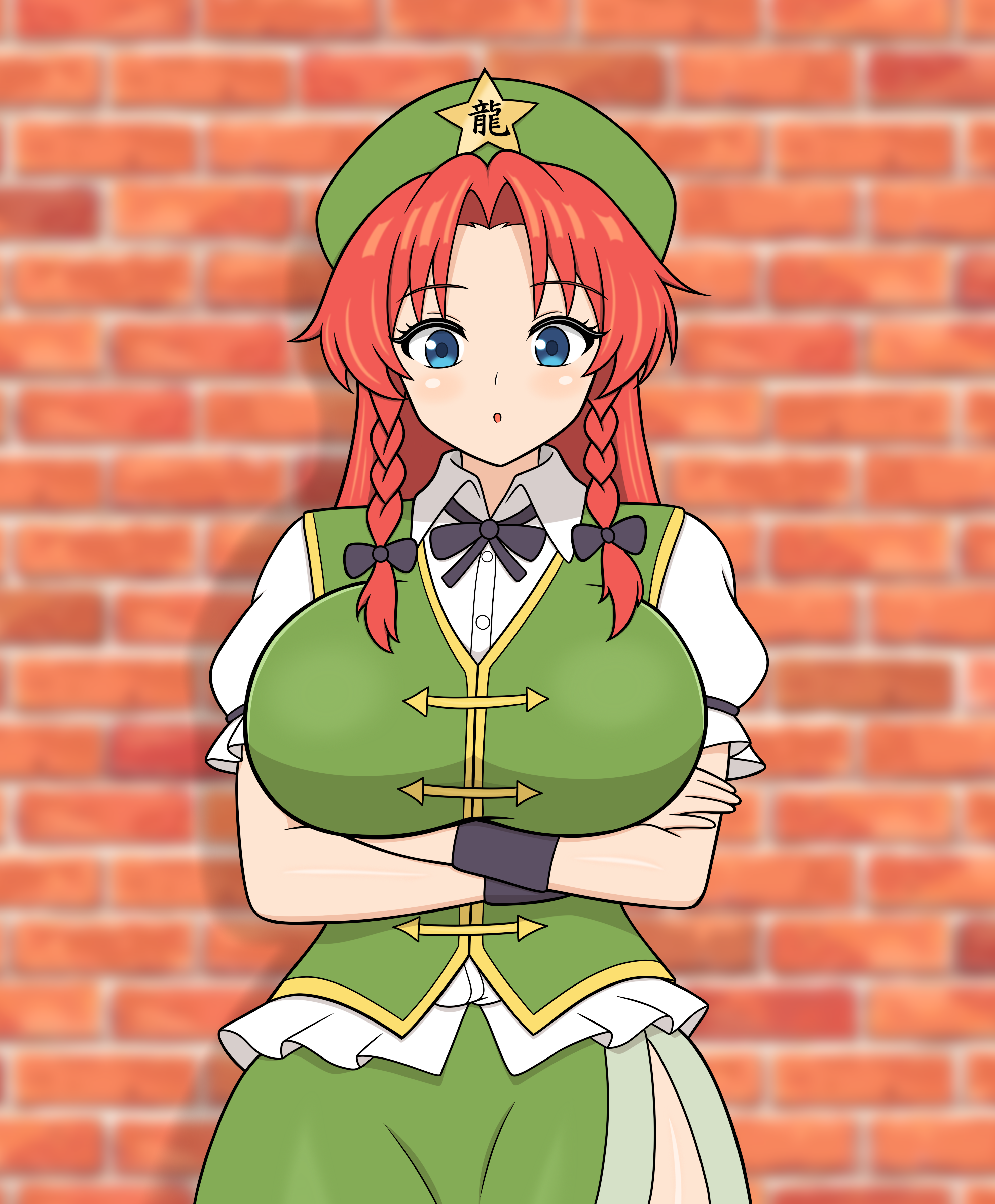 yoshio hentai, hong meiling, touhou, absurdres, highres, 1girl, black bow, black bowtie, blue eyes, blush, bow, bowtie, braid, breasts, brick wall, collared shirt, crossed arms, dress, eyebrows hidden by hair, facing viewer, green dress, green hat, hat, large breasts, long hair, looking at viewer, open mouth, parted bangs, red hair, shirt, side slit, solo, standing, twin braids, very long hair, wrist straps