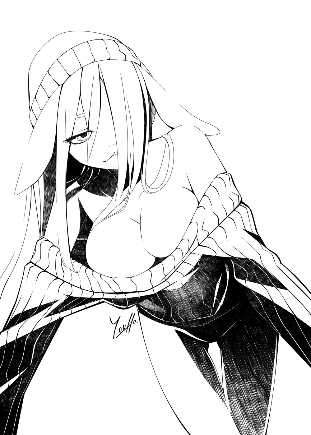 hamada youho, reisen udongein inaba, touhou, bad id, bad pixiv id, highres, 1girl, animal ears, bottomless, breasts, cleavage, female focus, greyscale, hair over one eye, hat, large breasts, long hair, monochrome, off shoulder, rabbit ears, solo, sweater