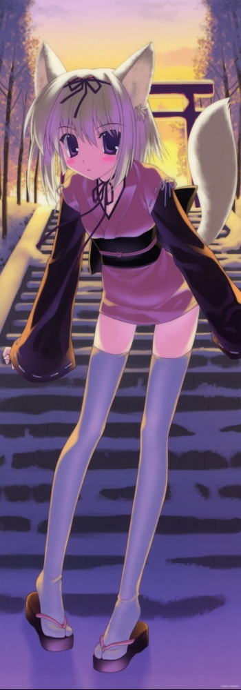nanao naru, original, long image, tall image, 1girl, animal ears, female focus, japanese clothes, kimono, legs, short kimono, snow, solo, stairs, stick poster, tail, thighhighs, torii, white hair