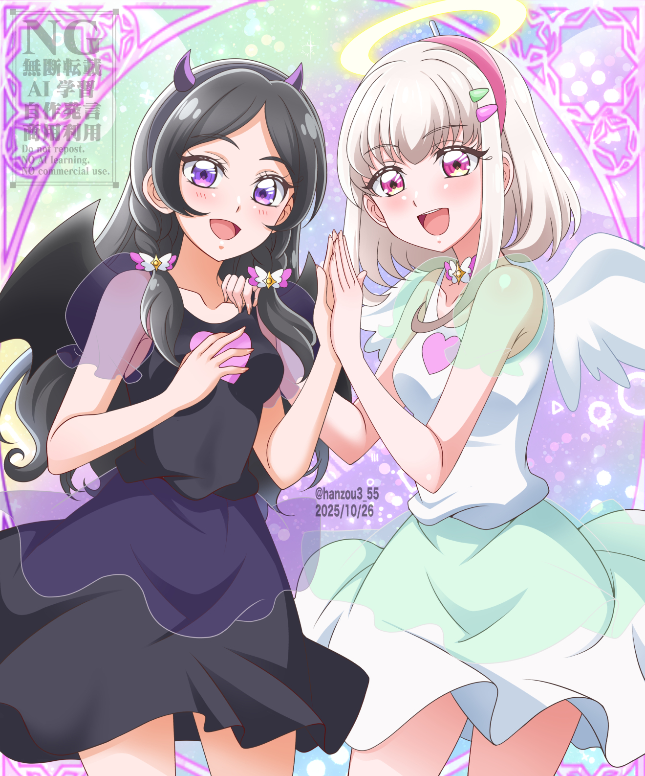 hanzou, meroron (precure), purirun (precure), kimi to idol precure, precure, highres, 2girls, angel, angel and devil, angel wings, bare arms, bare legs, bare shoulders, black hair, blonde hair, blunt bangs, blush, bob cut, braid, choker, collarbone, cosplay, demon, demon horns, demon tail, demon wings, hair ornament, hair tie, hairpin, halloween, halloween costume, hand on another's hand, happy halloween, headband, heart, horns, long hair, looking at viewer, low twintails, meroron (civilian) (precure), miniskirt, multiple girls, open mouth, parted bangs, pink hair, purirun (civilian) (precure), purple eyes, ribbon choker, see-through clothes, see-through sleeves, shirt, short hair, skirt, sleeveless, sleeveless shirt, tail, tank top, twin braids, twintails, twitter username, upper body, very long hair, watermark, wings
