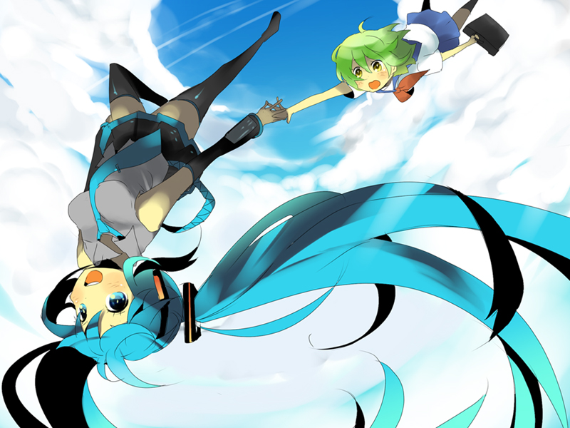 kl (dgzonbi), hatsune miku, vocaloid, 2girls, aqua eyes, aqua hair, bag, black hair, black thighhighs, blue eyes, blue hair, cloud, day, detached sleeves, falling, green hair, holding hands, long hair, midair, miniskirt, multicolored hair, multiple girls, necktie, open mouth, pleated skirt, satchel, school uniform, serafuku, short hair, skirt, sky, thighhighs, two-tone hair, very long hair, yellow eyes, zettai ryouiki