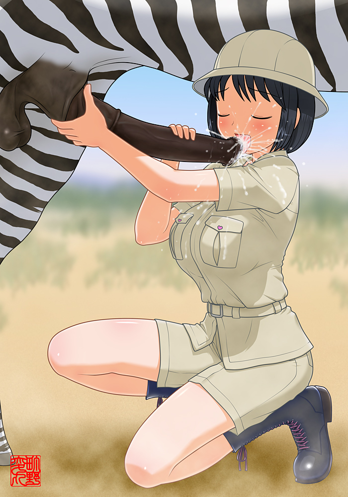 machino henmaru, 1girl, animal penis, bestiality, boots, breasts, closed eyes, cum, day, fellatio, full body, hat, horse penis, huge penis, jacket, lace-up boots, licking, medium breasts, on one knee, oral, outdoors, penis, safari hat, safari jacket, short hair, short sleeves, shorts, veins, veiny penis, zebra