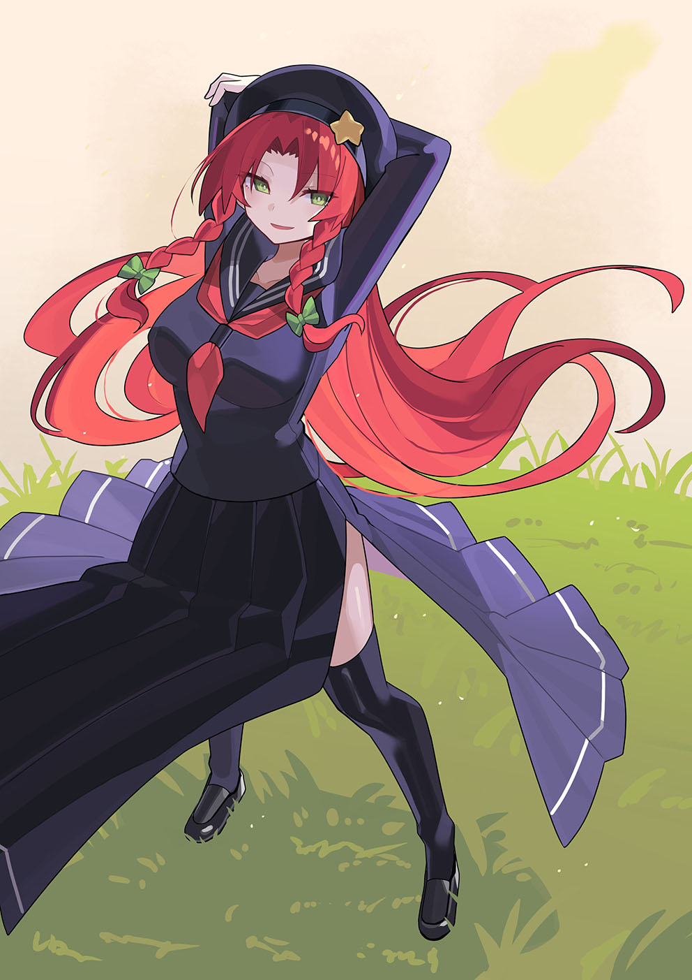 falken (yutozin), hong meiling, touhou, commentary, duplicate, highres, pixel-perfect duplicate, 1girl, alternate costume, arms behind head, black hat, black sailor collar, black serafuku, black shoes, black skirt, black thighhighs, bow, braid, breasts, full body, grass, green bow, green eyes, hair bow, hat, large breasts, long hair, long skirt, long sleeves, neckerchief, open mouth, pleated skirt, red hair, red neckerchief, sailor collar, school uniform, serafuku, shoes, skirt, smile, solo, standing, thighhighs, twin braids