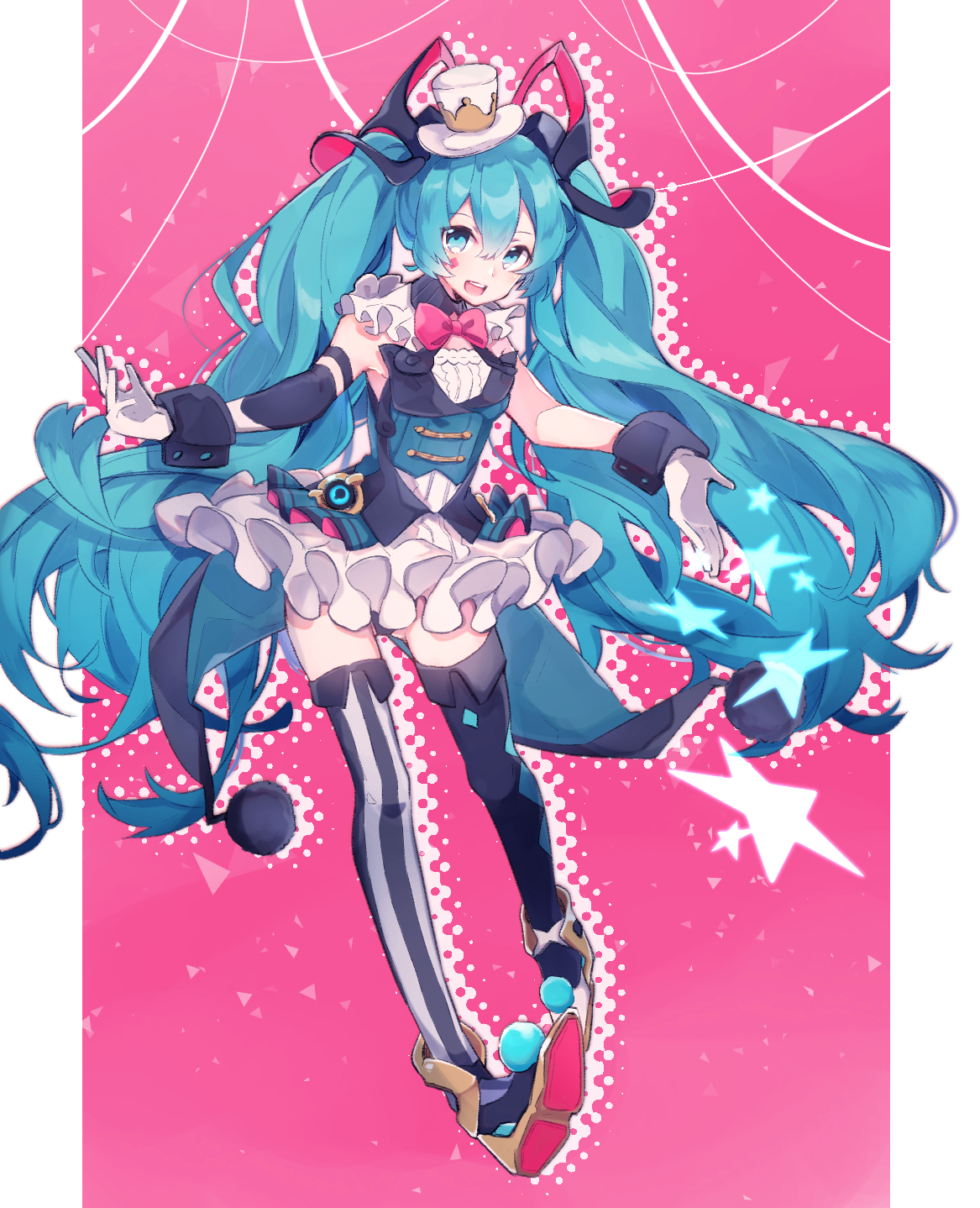 chuuko anpu, hatsune miku, magical mirai miku, magical mirai miku (2019), magical mirai (vocaloid), vocaloid, highres, 1girl, aqua eyes, aqua hair, detached sleeves, dress, facial mark, flat chest, full body, gloves, hat, light blush, long hair, open mouth, pink background, ribbon, shoes, skirt, smile, soles, star (symbol), star facial mark, teeth, thighhighs, twintails, upper teeth only, very long hair, wrist cuffs