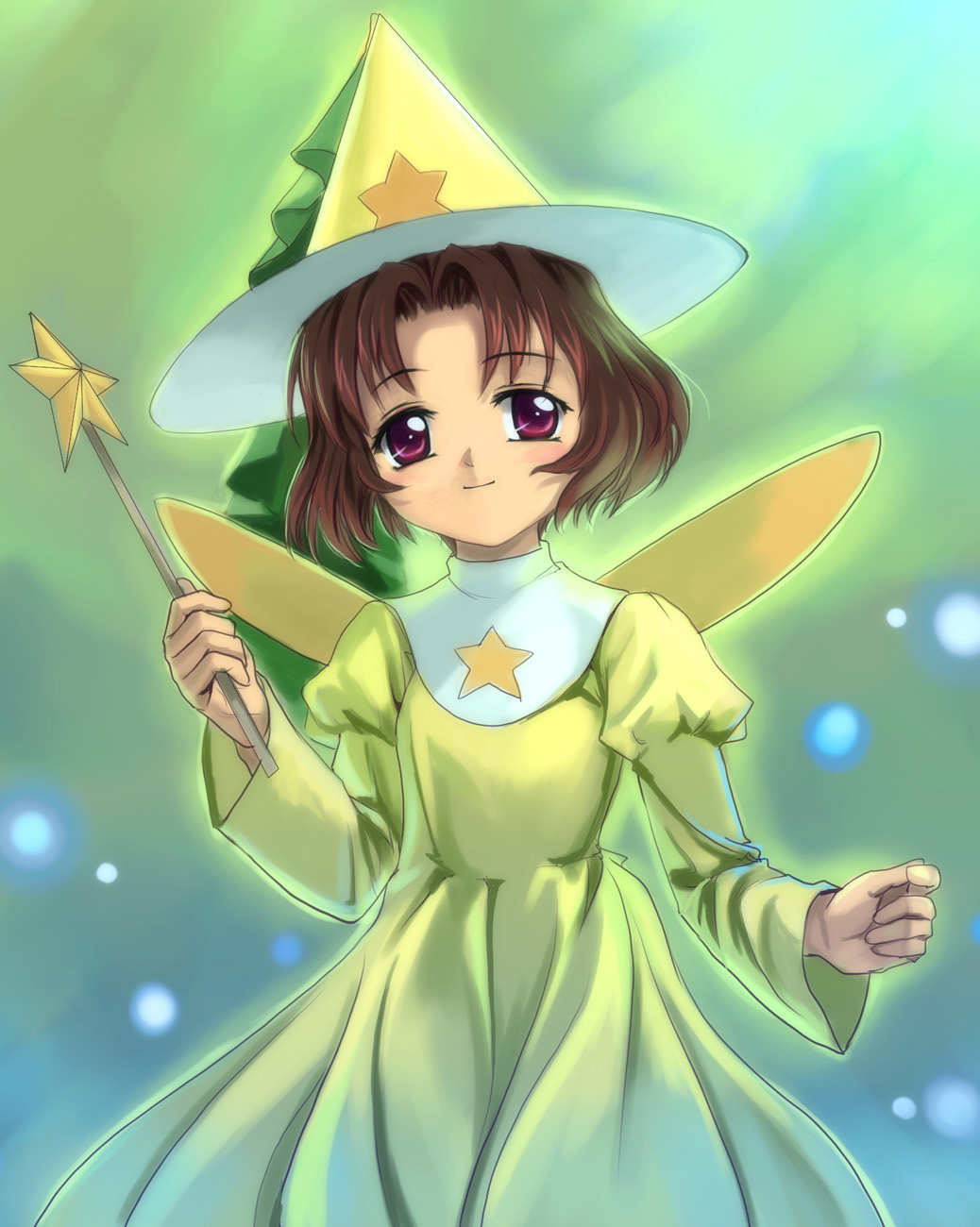 mutsuki (moonknives), sasaki rika, cardcaptor sakura, kodansha, highres, 1990s (style), 1girl, child, costume, fairy, female focus, red eyes, retro artstyle, short hair, solo, wand, wings