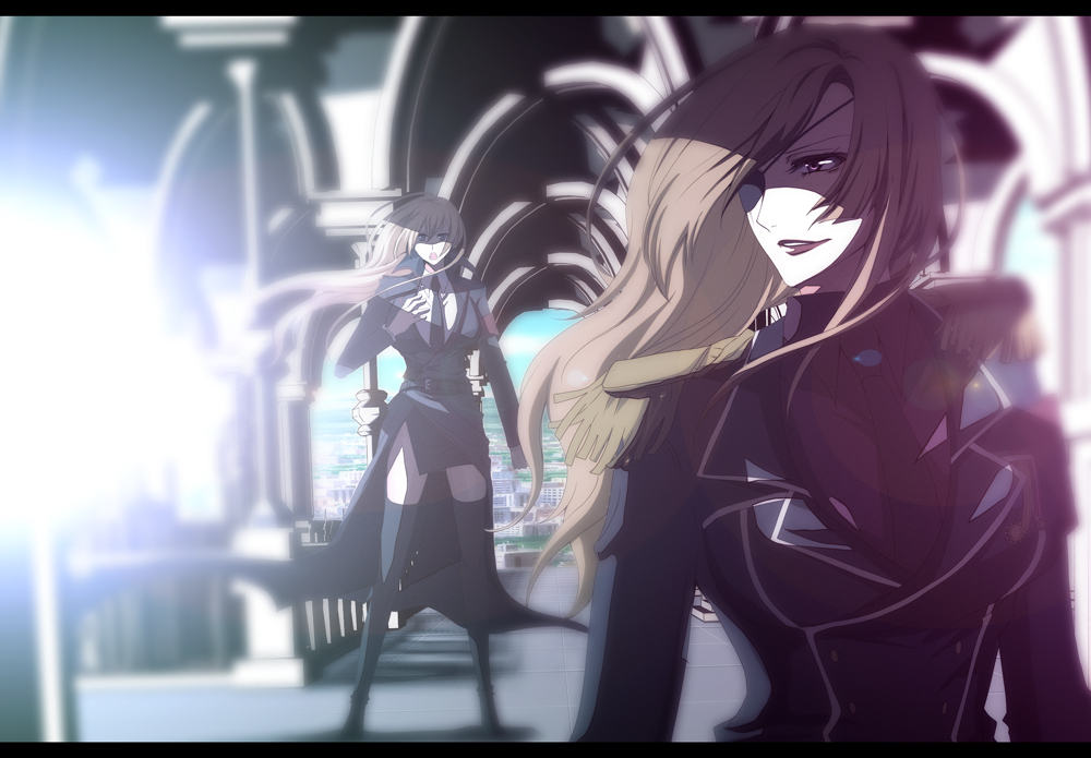 nicole pmonachi, pixiv army, blonde hair, blue eyes, city, eyepatch, letterboxed, long hair, military, necktie, purple eyes, thighhighs