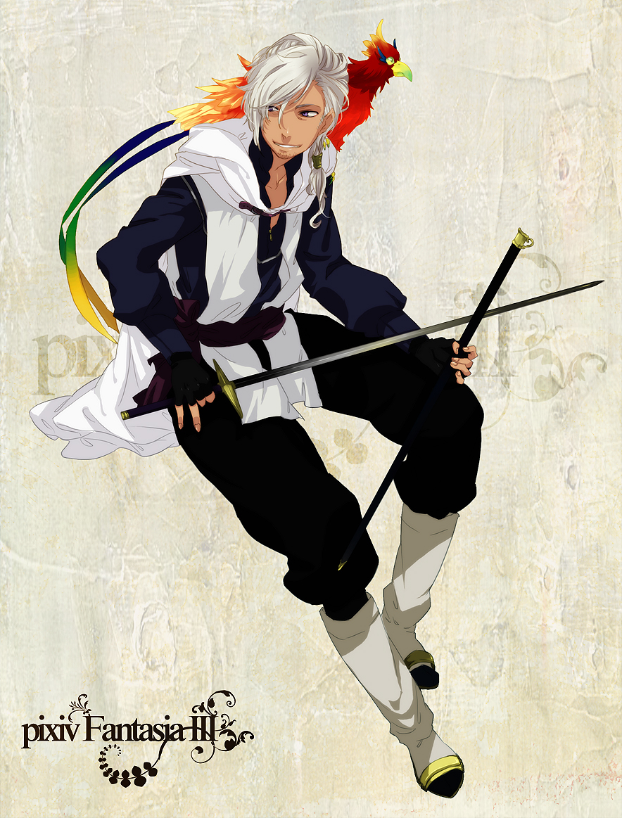 kunimitsu (9nimi2), pixiv fantasia, pixiv fantasia 3, 1boy, animal, animal on shoulder, bird, bird on shoulder, copyright name, long hair, male focus, parrot, purple eyes, sheath, solo, sword, weapon, white hair