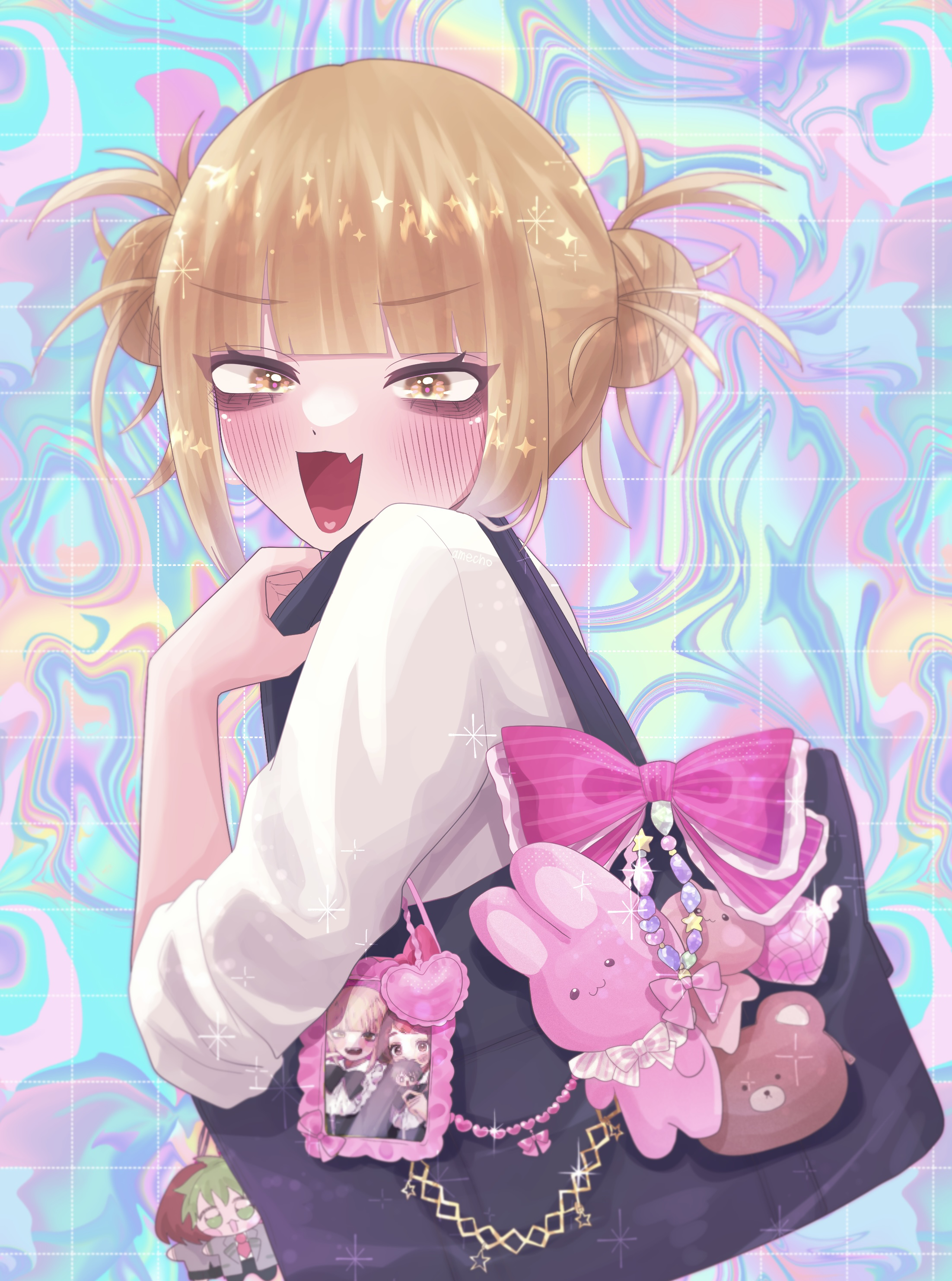 amecho wa, toga himiko, boku no hero academia, absurdres, highres, 1girl, bag, blonde hair, blunt bangs, blush, bow, colorful background, double bun, fangs, hair bun, handbag, long sleeves, looking at viewer, messy hair, narrowed eyes, open mouth, short hair, sidelocks, simple background, smile, solo, three-quarter sleeves, yellow eyes