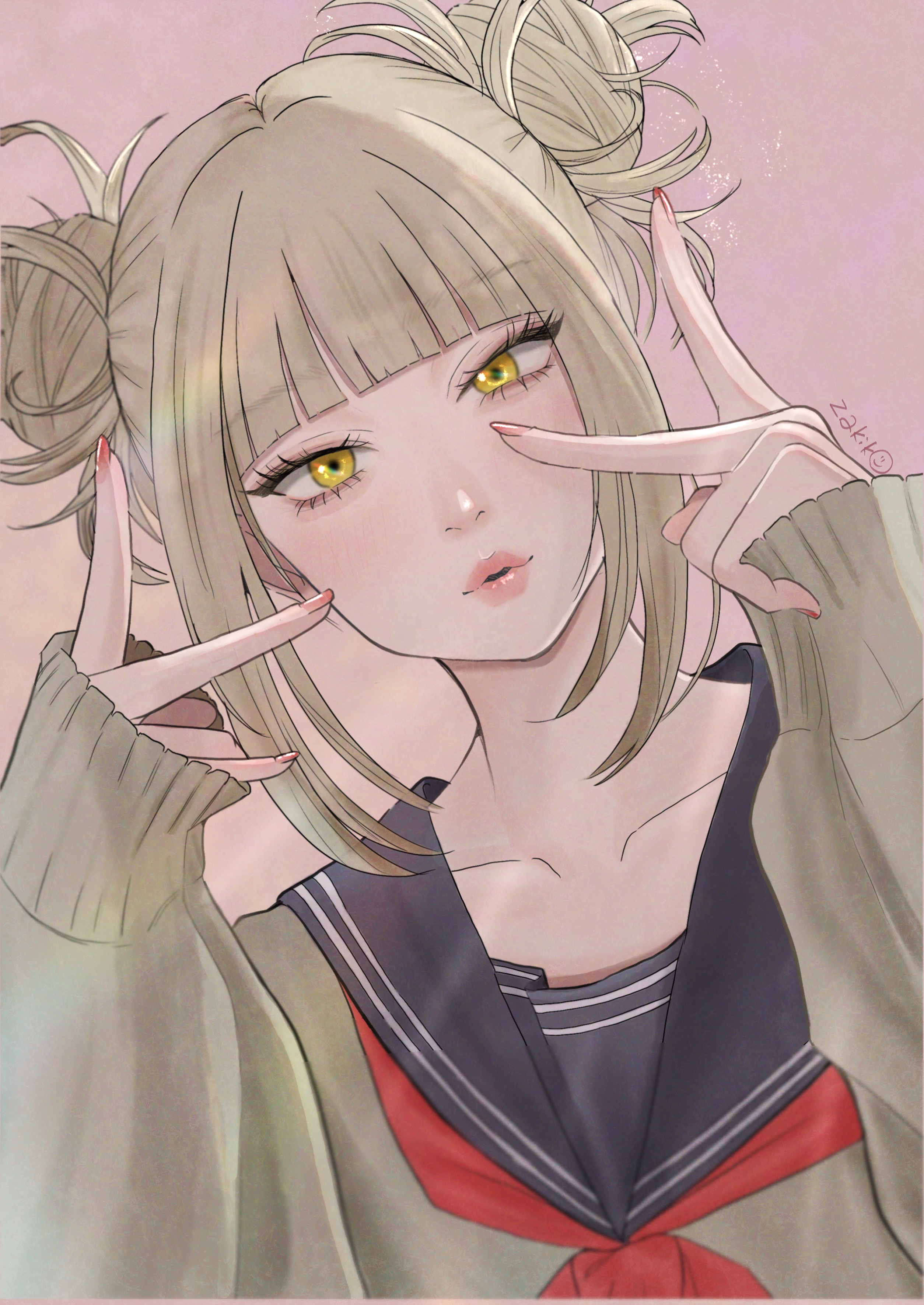 toga himiko, boku no hero academia, absurdres, highres, 1girl, blonde hair, blue sailor collar, blunt bangs, blush, cardigan, collarbone, double bun, hair bun, long sleeves, looking at viewer, messy hair, neckerchief, open mouth, pink background, red neckerchief, sailor collar, school uniform, serafuku, short hair, sidelocks, smile, solo, u.a. school uniform, v, yellow eyes, zakikoillust