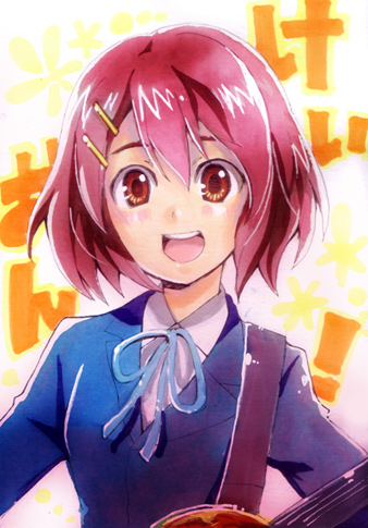 zero q, kushieda minori, k-on!, toradora!, bad id, bad pixiv id, commentary, lowres, 1girl, female focus, guitar, hair ornament, hairclip, instrument, parody, red eyes, red hair, school uniform, short hair, smile, solo