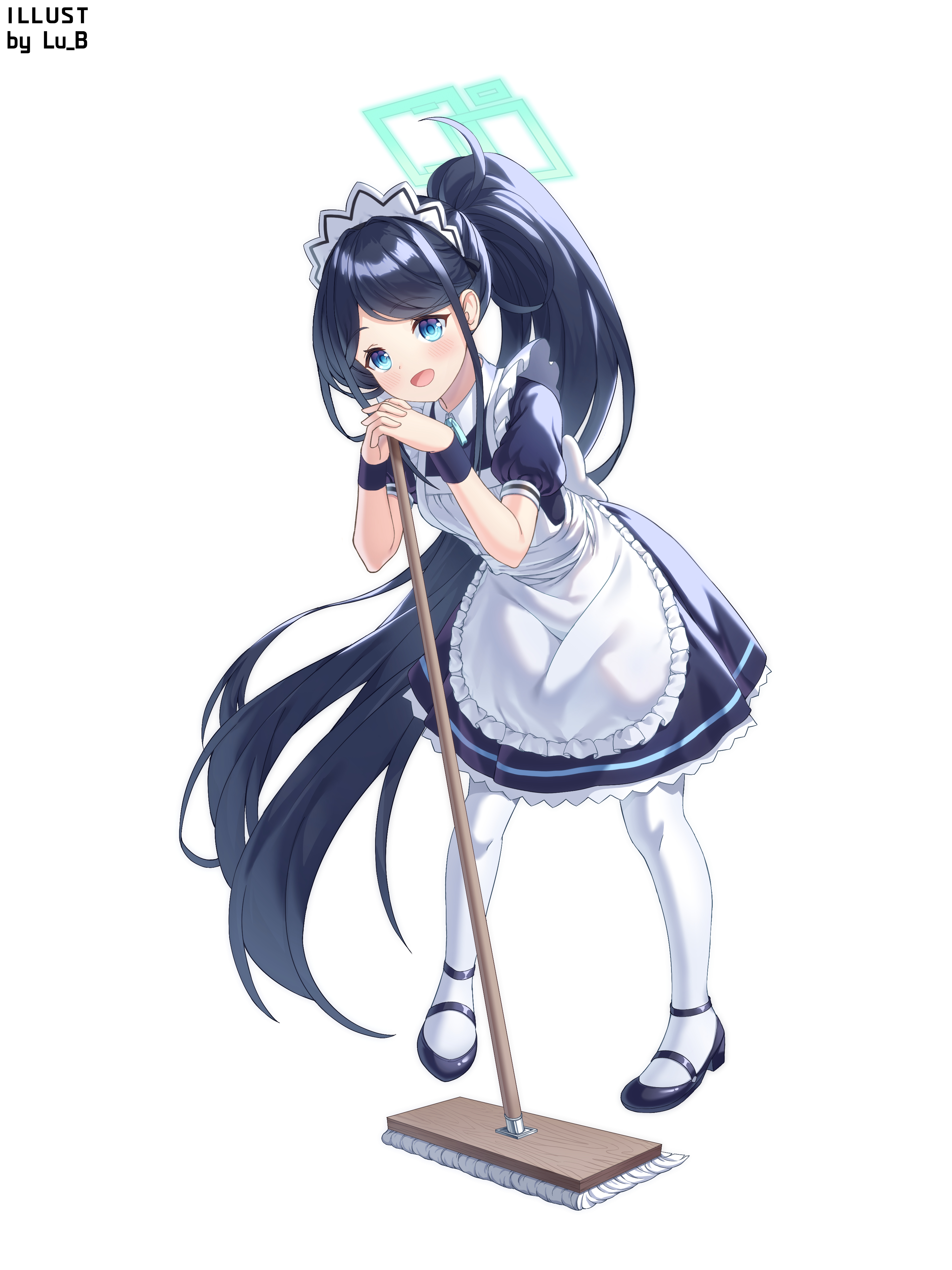 lu b, aris (blue archive), aris (maid) (blue archive), blue archive, absurdres, commentary, english commentary, highres, 1girl, :d, apron, aqua halo, aqua ribbon, artist name, black dress, black hair, black shoes, black wrist cuffs, blue eyes, blush, breasts, collared dress, contrast collar, dress, floating hair, frilled apron, frilled dress, frills, full body, halo, interlocked fingers, leaning forward, leaning on broom, leaning on object, long hair, looking at viewer, maid, maid apron, maid headdress, mary janes, mop, neck ribbon, official alternate costume, official alternate hairstyle, open mouth, own hands together, pantyhose, parted bangs, ponytail, puffy short sleeves, puffy sleeves, rectangular halo, ribbon, shoes, short sleeves, sidelocks, simple background, small breasts, smile, solo, standing, very long hair, white apron, white background, white headdress, white pantyhose, wrist cuffs