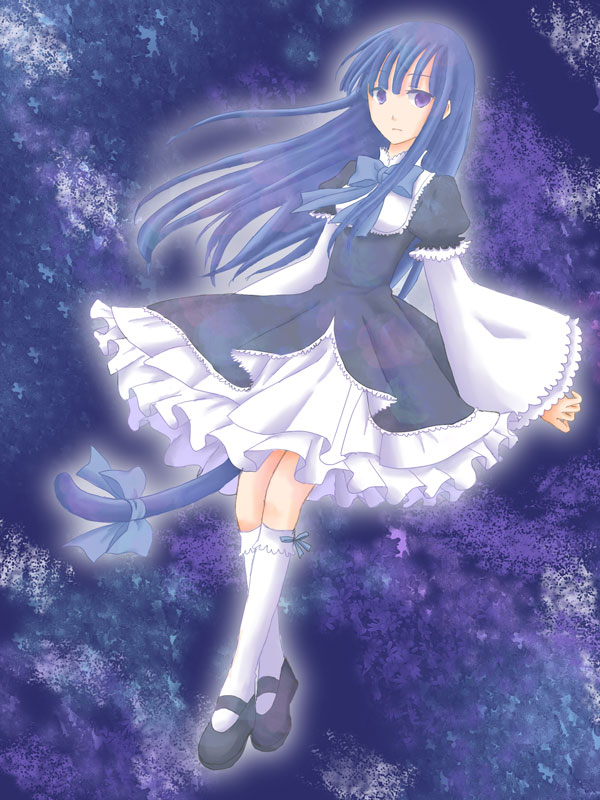 rui (pixiv358475), rui (tsukihana), frederica bernkastel, umineko no naku koro ni, 00s, 1girl, black dress, blue hair, bow, cat tail, dress, female focus, floating, kneehighs, long hair, mary janes, purple eyes, shoes, socks, solo, tail