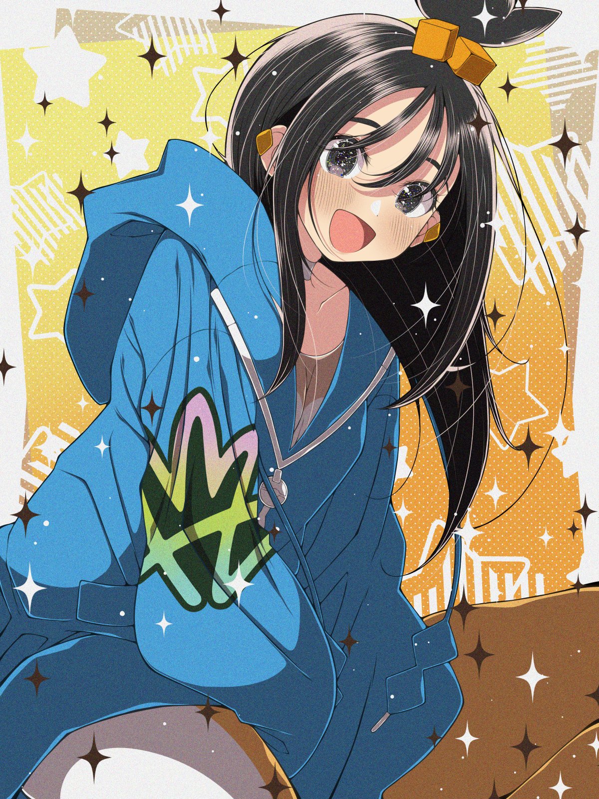 fujiwara hiro (kaede ciao), lida (pokemon), nintendo, pokemon, pokemon legends: z-a, highres, 1girl, black hair, blue hoodie, blush, cube hair ornament, hair ornament, happy, hood, hood down, hoodie, long hair, long sleeves, looking at viewer, open mouth, shirt, smile, solo