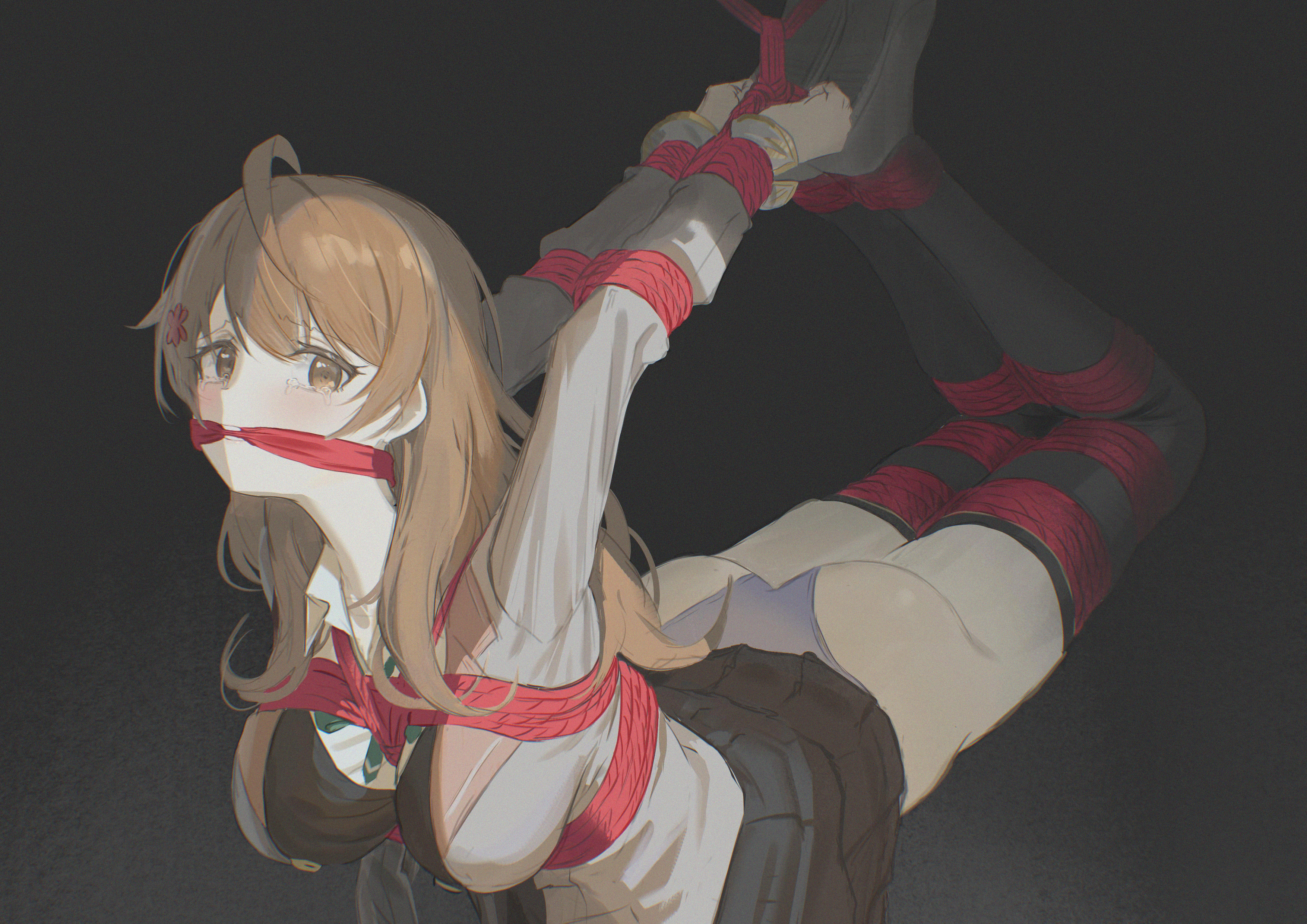 cailin020, mariya mikhailovna kujou, tokidoki bosotto roshia-go de dereru tonari no alya-san, absurdres, highres, 1girl, ahoge, arms behind back, bdsm, black background, black thighhighs, bondage, bound, bound arms, bound legs, bow, bowtie, breasts, brown eyes, brown hair, cloth gag, collared shirt, flower, gag, gagged, grey jacket, hair between eyes, hair flower, hair ornament, hogtie, improvised gag, jacket, large breasts, long hair, looking at viewer, panties, pleated skirt, red rope, restrained, rope, school uniform, seiren academy school uniform, shibari, shirt, shoes, simple background, skirt, solo, suspension, tearing up, thighhighs, underwear
