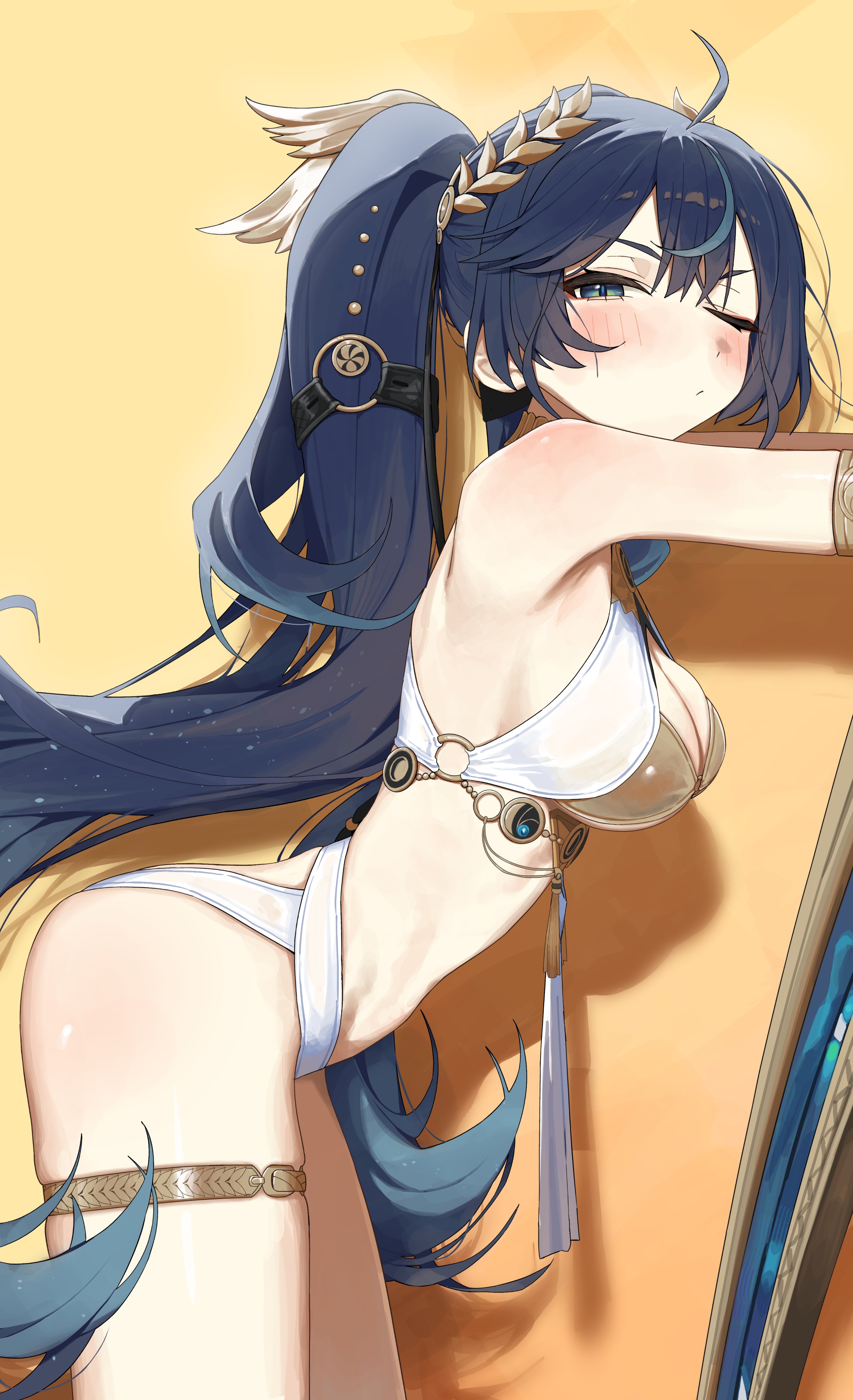 syhan, iuno (wuthering waves), wuthering waves, absurdres, commentary, highres, symbol-only commentary, 1girl, ahoge, bare shoulders, blue eyes, blue hair, blush, breasts, cleavage, closed mouth, from side, gold bra, jewelry, laurel crown, leaning forward, long hair, looking at viewer, looking to the side, medium breasts, multicolored hair, one eye closed, outstretched arms, solo, streaked hair, thighlet, thighs, twintails