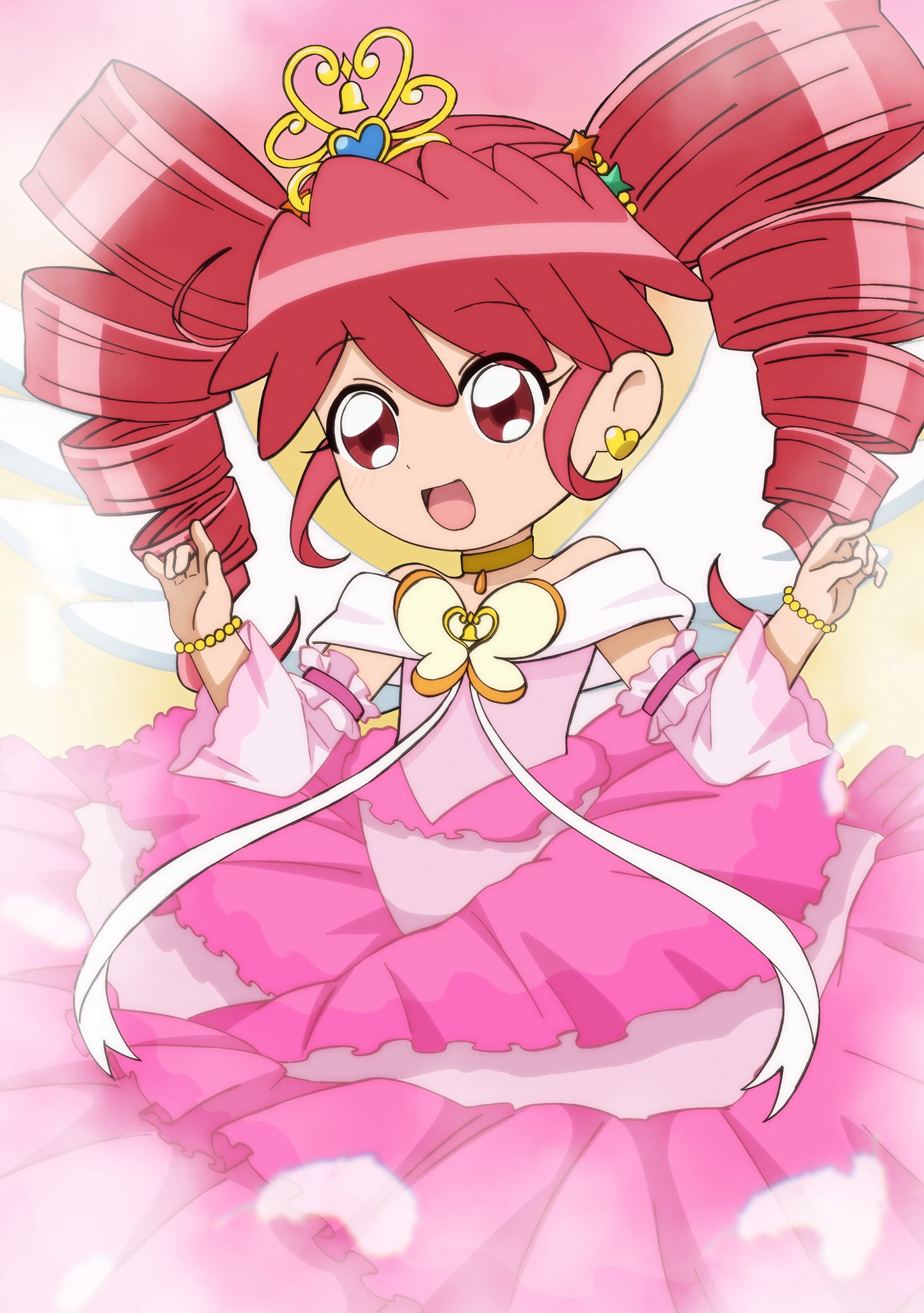 fine (futagohime), fine (grand universal princess) (futagohime), fushigiboshi no futago hime, fushigiboshi no futago hime gyu, commentary, hashtag-only commentary, highres, 1girl, 964905950, :d, ahoge, angel wings, bare shoulders, bead bracelet, beads, bracelet, brooch, butterfly brooch, choker, curled fingers, detached sleeves, dress, dress ribbon, drill hair, earrings, feathered wings, feathers, frilled dress, frilled sleeves, frills, gold bracelet, gold choker, gold tiara, gradient background, hair between eyes, hair ornament, hands up, hime lolita, jewelry, layered dress, lolita fashion, long hair, looking at viewer, magical girl, off-shoulder dress, off shoulder, open mouth, pink background, pink dress, pink sleeves, red eyes, red hair, ribbon, smile, solo, star (symbol), star earrings, star hair ornament, tiara, twin drills, upper body, white ribbon, white wings, wide sleeves, wings, yellow background