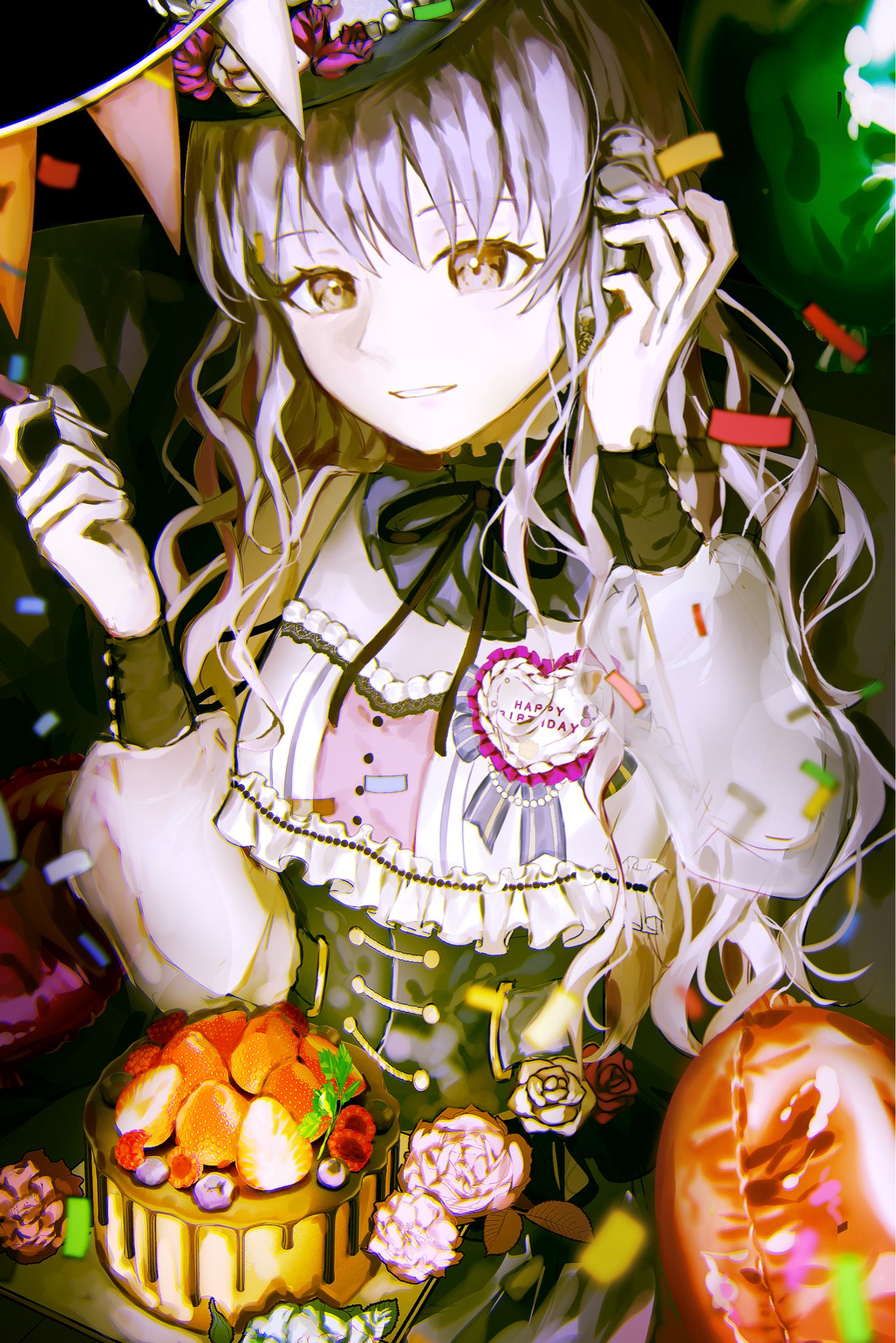 kkyu (c3215xz), minato yukina, bang dream!, highres, 1girl, balloon, birthday cake, black corset, breasts, cake, confetti, corset, flower, food, fruit, grey hair, happy birthday, heart, long hair, long sleeves, official alternate costume, rose, small breasts, solo, strawberry, upper body, yellow eyes