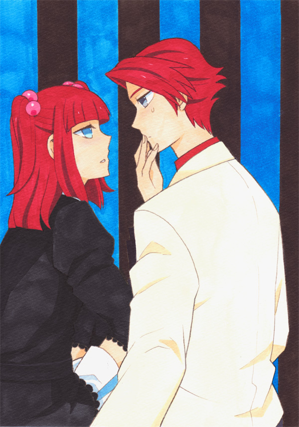 tiihatanono, ushiromiya ange, ushiromiya battler, umineko no naku koro ni, bad id, bad pixiv id, traditional media, 00s, 1boy, 1girl, blue eyes, brother and sister, frills, jacket, red hair, ribbon, siblings, tears, twintails