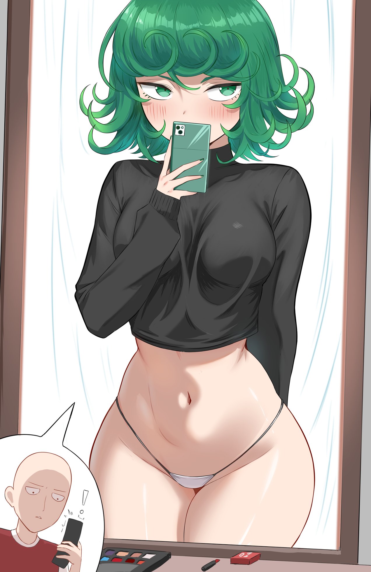 micchan (micchanmeido), saitama (one-punch man), tatsumaki, one-punch man, commentary, english commentary, highres, 1boy, 1girl, bald, bikini, bikini bottom only, black sweater, blush, breasts, cellphone, condom box, flip phone, green eyes, green hair, green nails, holding, holding phone, makeup brush, medium breasts, micro bikini, mirror, no pants, phone, reflection, selfie, short hair, smartphone, sweater, swimsuit, text messaging, turtleneck, turtleneck sweater, white bikini