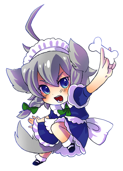 merue, inu sakuya (nejikirio), izayoi sakuya, touhou, silver hair, bad id, bad pixiv id, 1girl, ahoge, animal ears, blue eyes, bone, braid, chibi, dog ears, dog tail, dress, female focus, full body, hairband, kemonomimi mode, maid, short hair, simple background, solo, tail, twin braids, white background