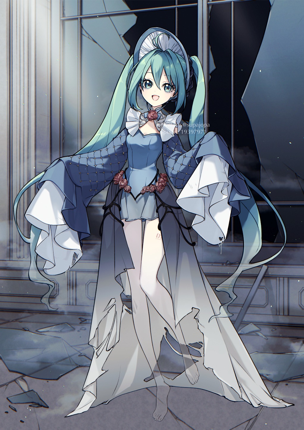 hua (supa jopa), hatsune miku, vocaloid, highres, 1girl, ahoge, alternate costume, aqua eyes, aqua hair, bonnet, breasts, broken glass, broken window, dress, feet, flower, full body, ghost, glass, hat, long hair, open mouth, rose, sleeves past wrists, small breasts, smile, transparent, twintails, window