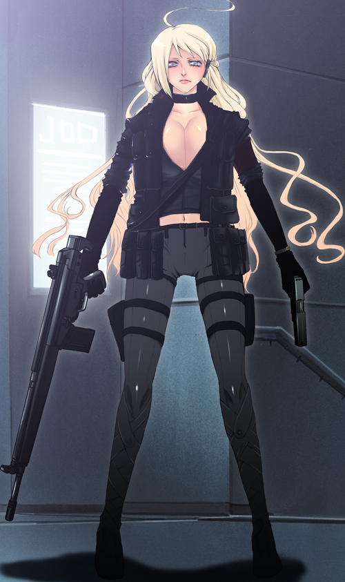 nicole pmonachi, pixiv army, bad id, bad pixiv id, 1girl, battle rifle, blonde hair, breasts, cleavage, female focus, grey eyes, gun, h&k g3, handgun, large breasts, long hair, navel, pistol, rifle, skin tight, solo, weapon