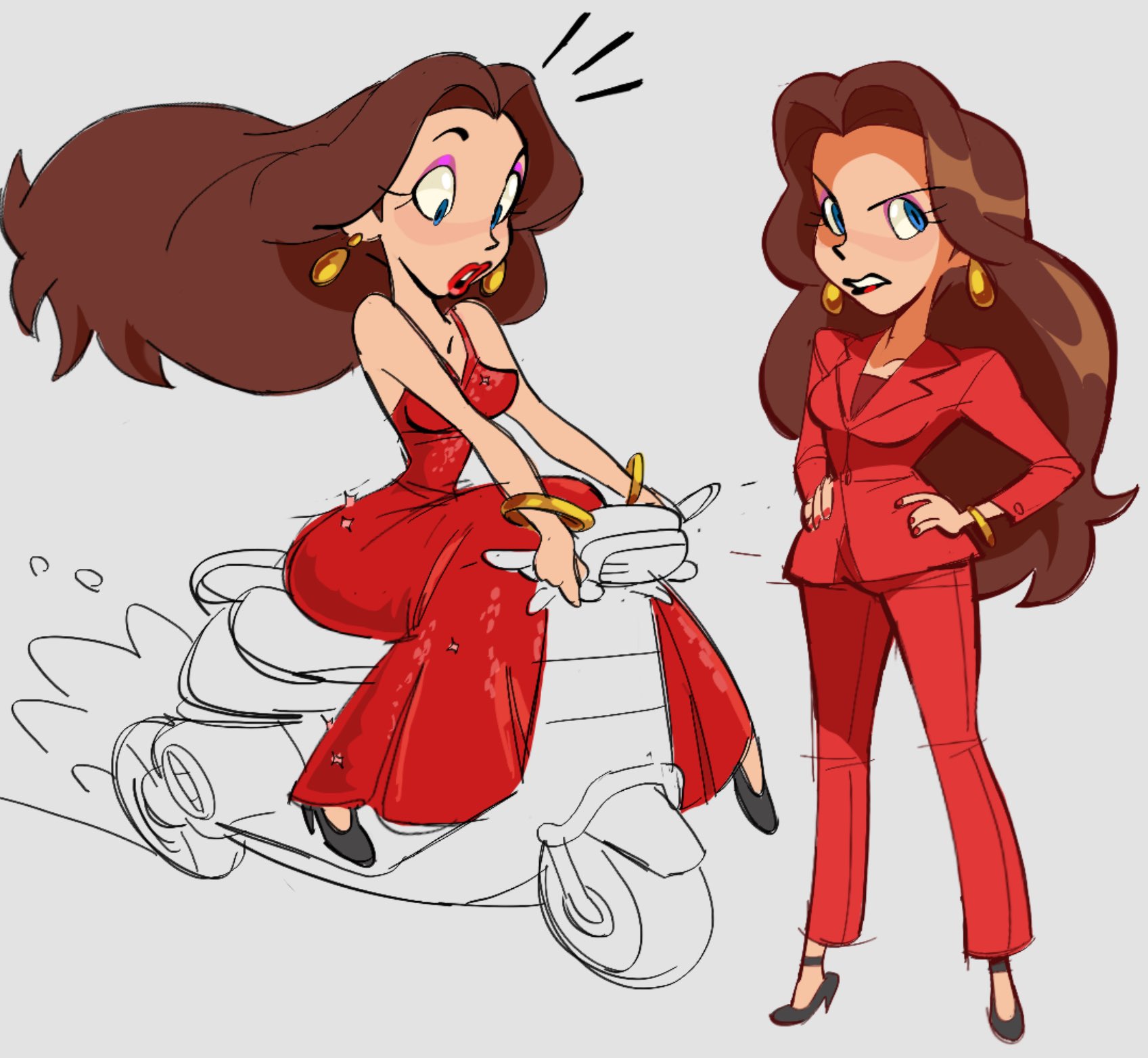 tuckeryart, pauline (mario), mario (series), nintendo, super mario odyssey, highres, blazer, blue eyes, bracelet, brown hair, dress, earrings, gold bracelet, hands on own hips, high heels, jacket, jewelry, long hair, makeup, motor vehicle, pants, red dress, red jacket, red lips, red pants, scooter
