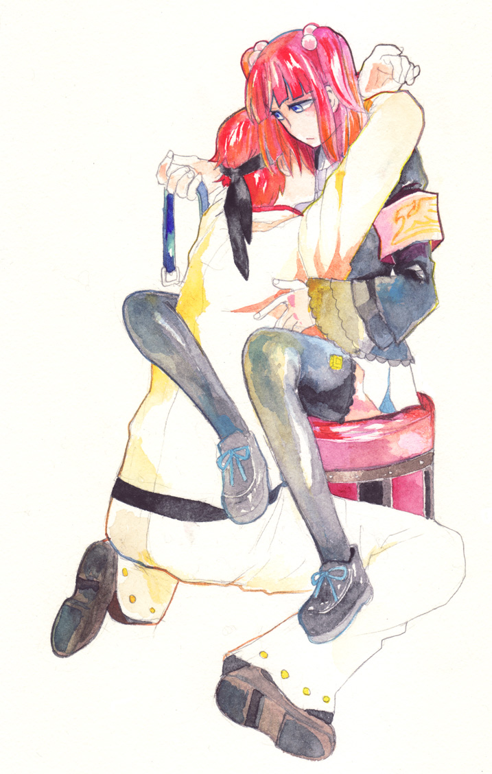 tiihatanono, ushiromiya ange, ushiromiya battler, umineko no naku koro ni, bad id, bad pixiv id, traditional media, 00s, 1boy, armband, bandages, black thighhighs, blue eyes, brother and sister, hair bobbles, hair ornament, headband, hug, kneeling, mary janes, miniskirt, pleated skirt, red hair, shoes, short hair, short twintails, siblings, simple background, sitting, skirt, thighhighs, twintails, zettai ryouiki