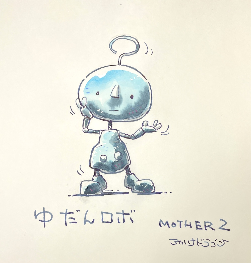 akahanadragon, mother (series), mother 2, 1other, antenna, clumsy robot, facing viewer, full body, japanese text, mother and son, no humans, robot