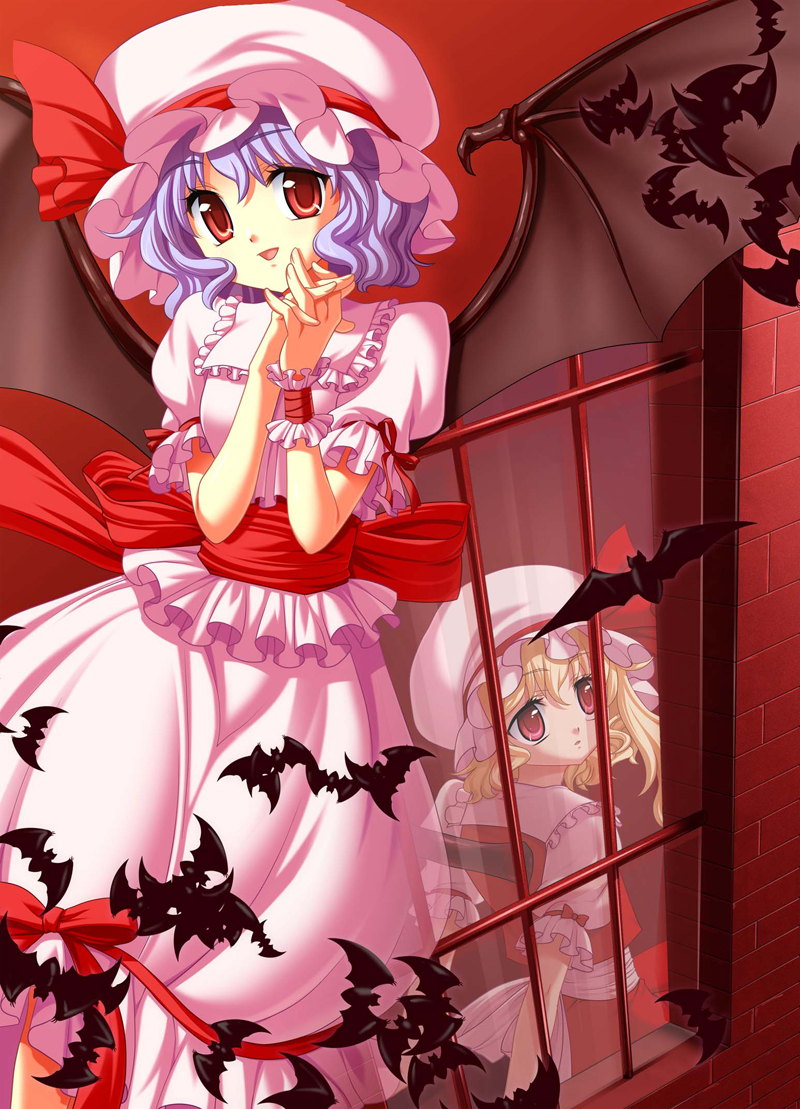 hanason, flandre scarlet, remilia scarlet, touhou, bad id, bad pixiv id, 2girls, bat (animal), bat wings, blonde hair, blue hair, female focus, hat, multiple girls, ponytail, red eyes, short hair, siblings, sisters, wings