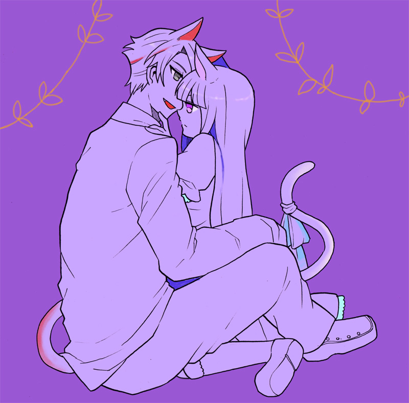 tiihatanono, frederica bernkastel, ushiromiya battler, umineko no naku koro ni, bad id, bad pixiv id, 00s, 1boy, 1girl, animal ears, cat ears, cat tail, collar, dress, fang, green eyes, jacket, long hair, monochrome, purple background, purple eyes, purple theme, ribbon, short hair, sitting, spot color, tail