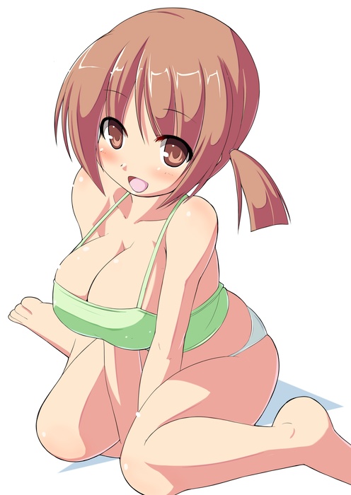 kourourin, hinako (issho ni training), issho ni training, 00s, 10s, 1girl, barefoot, blush, breasts, breasts squeezed together, brown eyes, brown hair, camisole, cleavage, female focus, large breasts, panties, short hair, sitting, solo, underwear, white panties