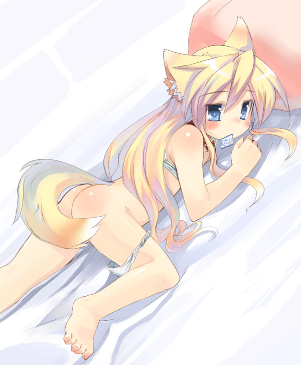 hyokkori tamago, toba hiyoko, original, 1girl, animal ears, ass, barefoot, bed, blonde hair, blue eyes, blush, bra, condom, condom in mouth, feet, female focus, lingerie, loli, long hair, lying, mouth hold, panties, panties around leg, pillow, solo, tail, underwear, underwear only