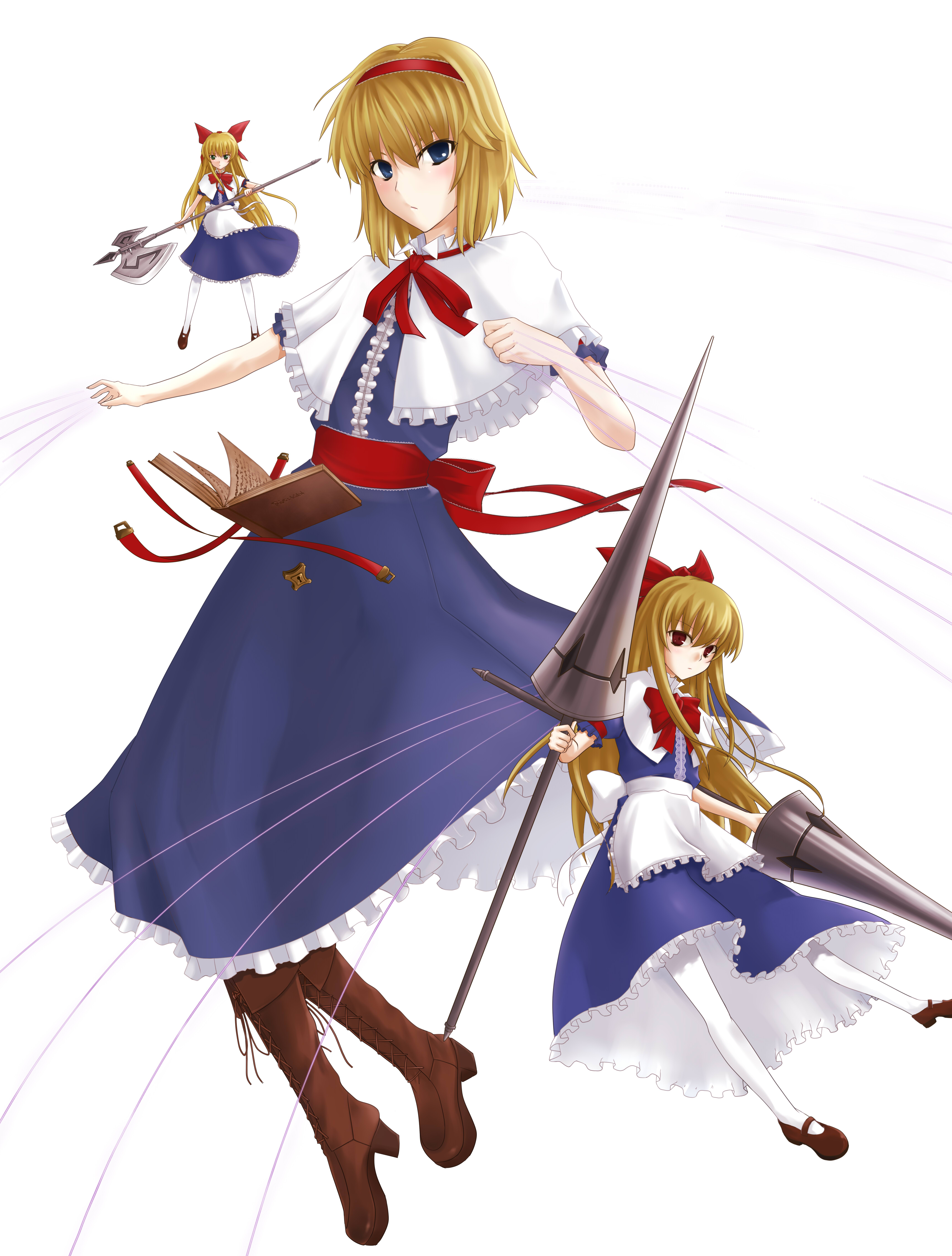prime (prime tw), alice margatroid, shanghai doll, touhou, absurdres, bad id, bad pixiv id, highres, 1girl, :/, axe, battle axe, blonde hair, blue eyes, book, boots, bow, doll, dual wielding, female focus, full body, glaring, green eyes, grimoire, grimoire of alice, hairband, holding, knee boots, lace-up boots, lance, lock, looking at viewer, open book, pantyhose, polearm, red eyes, serious, simple background, solo, weapon, white pantyhose