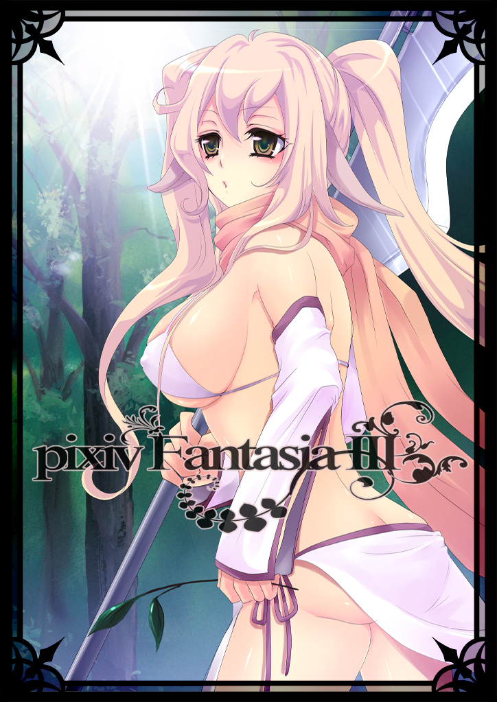 nicole pmonachi, pixiv fantasia, pixiv fantasia 3, 1girl, bikini, breasts, butt crack, covered erect nipples, detached sleeves, female focus, halberd, large breasts, long hair, pink hair, polearm, scarf, side-tie bikini bottom, solo, swimsuit, twintails, underboob, weapon, yellow eyes