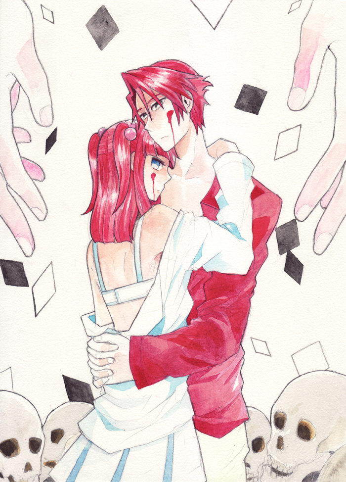 tiihatanono, ushiromiya ange, ushiromiya battler, umineko no naku koro ni, bad id, bad pixiv id, traditional media, 00s, 1boy, back, bare shoulders, black eyes, blood, blue eyes, bra, brother and sister, brown eyes, dress shirt, hair bobbles, hair ornament, hug, lingerie, miniskirt, pleated skirt, red hair, shirt, short hair, short twintails, siblings, skirt, skull, standing, twintails, underwear