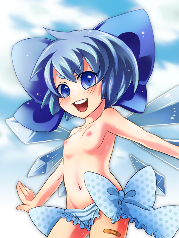merue, cirno, touhou, bad id, bad pixiv id, 1girl, bandaid, blue bow, blue eyes, blue hair, bow, female focus, flat chest, hair bow, loli, matching hair/eyes, nipples, panties, short hair, side-tie panties, solo, underwear, wings